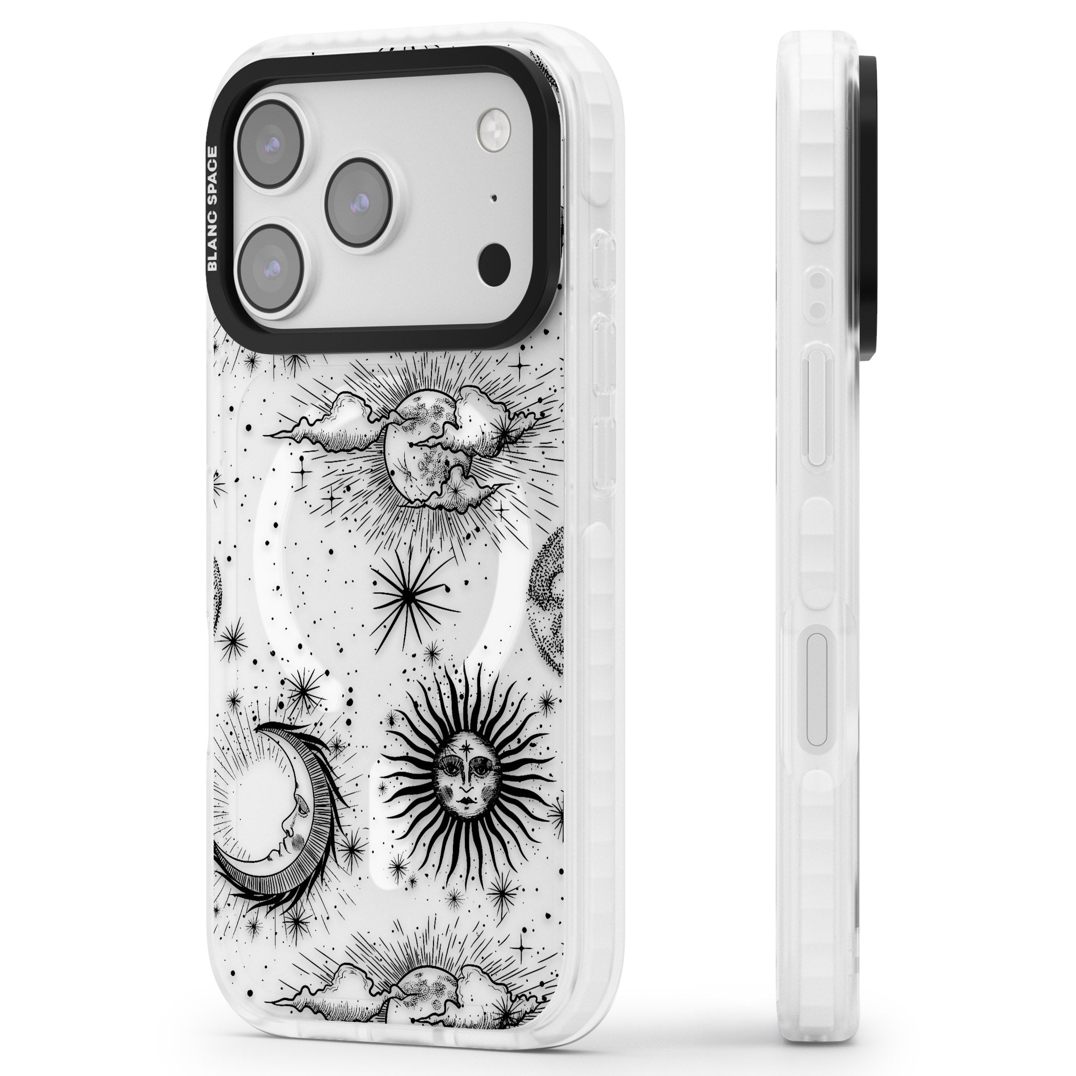 Suns, Moons & Clouds iPhone 17 Pro Max Impact Pro Clear Phone Case Side Profile