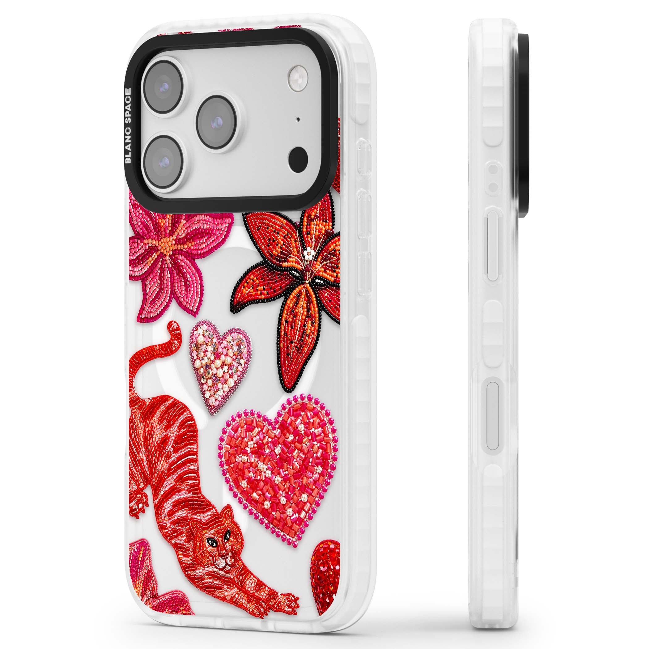 Beaded Boho floral iPhone case featuring beaded red lilies, a stitched tiger, and pearl-encrusted hearts on clear | Impact Magsafe case for iPhone 17 Pro, iPhone 17 Pro Max