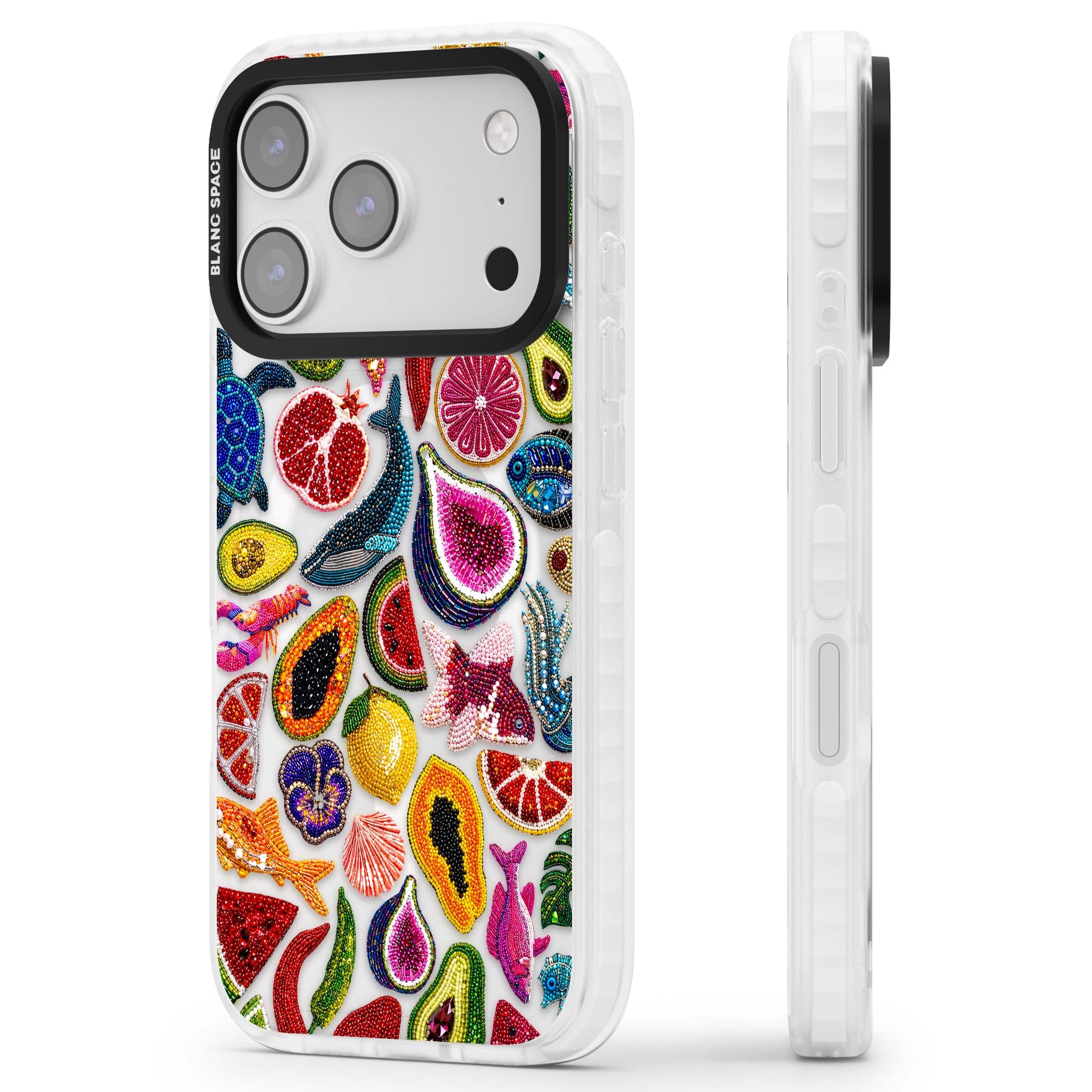 Beaded Tropic tropical iPhone case featuring beaded fruit, fish, crabs and seashells in vibrant colour | Impact Magsafe case for iPhone 17 Pro, iPhone 17 Pro Max