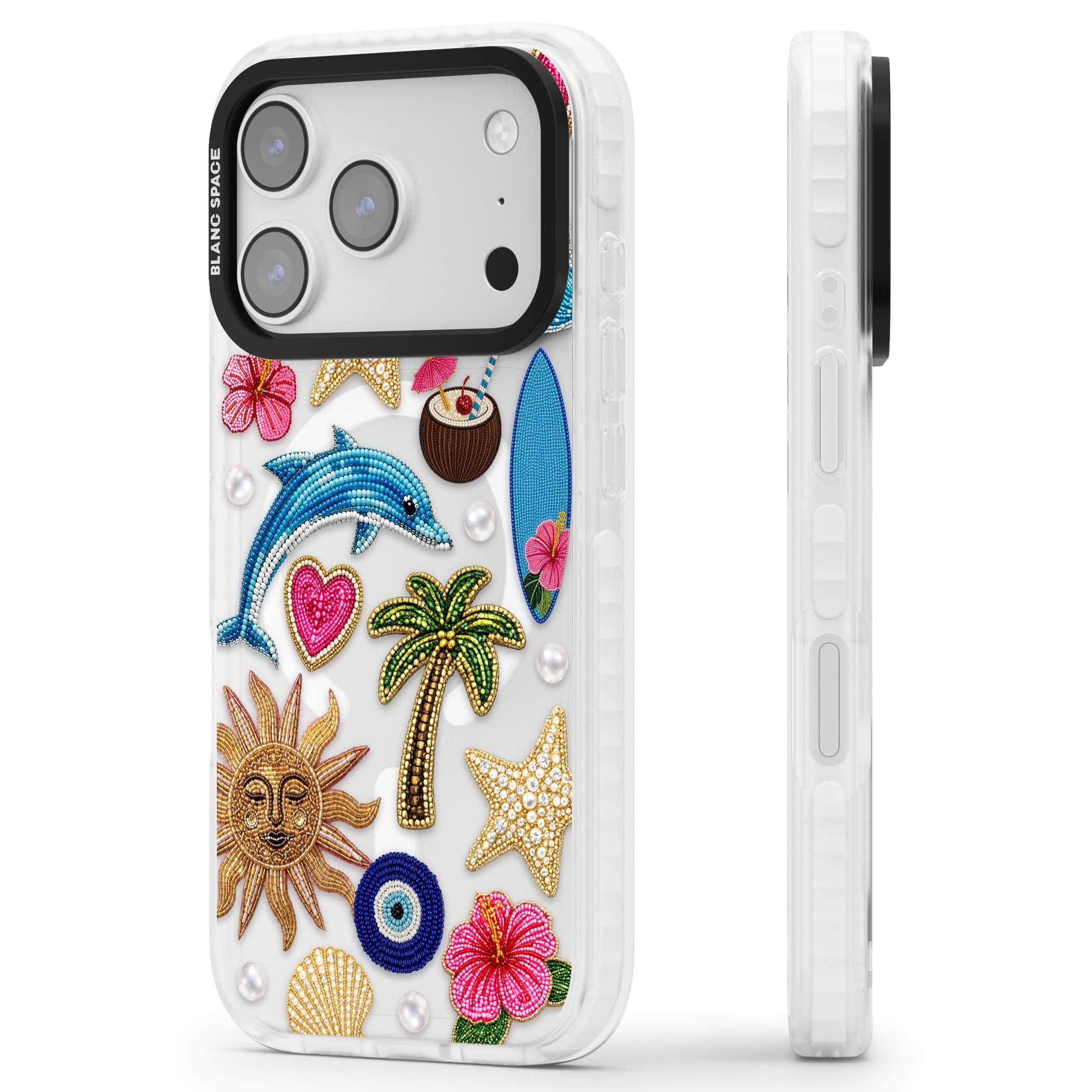Beaded Beach coastal summer iPhone case featuring embroidered evil eye, hibiscus flowers, dolphin and palm tree patches | Impact Magsafe case for iPhone 17 Pro, iPhone 17 Pro Max