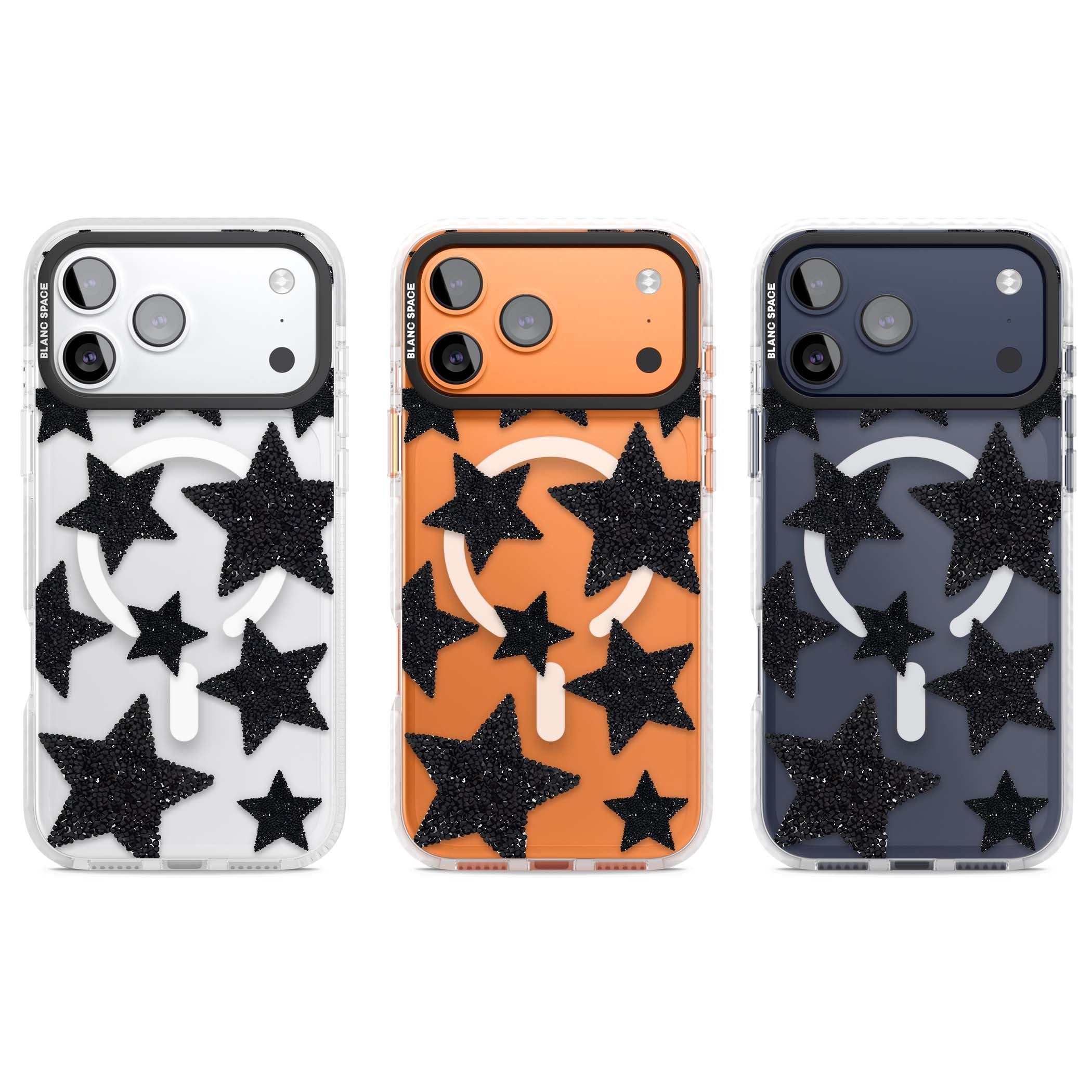 Beaded Black Stars celestial iPhone case featuring black glitter beaded stars scattered on a clear background | Impact Magsafe case for iPhone 17 Pro, iPhone 17 Pro Max