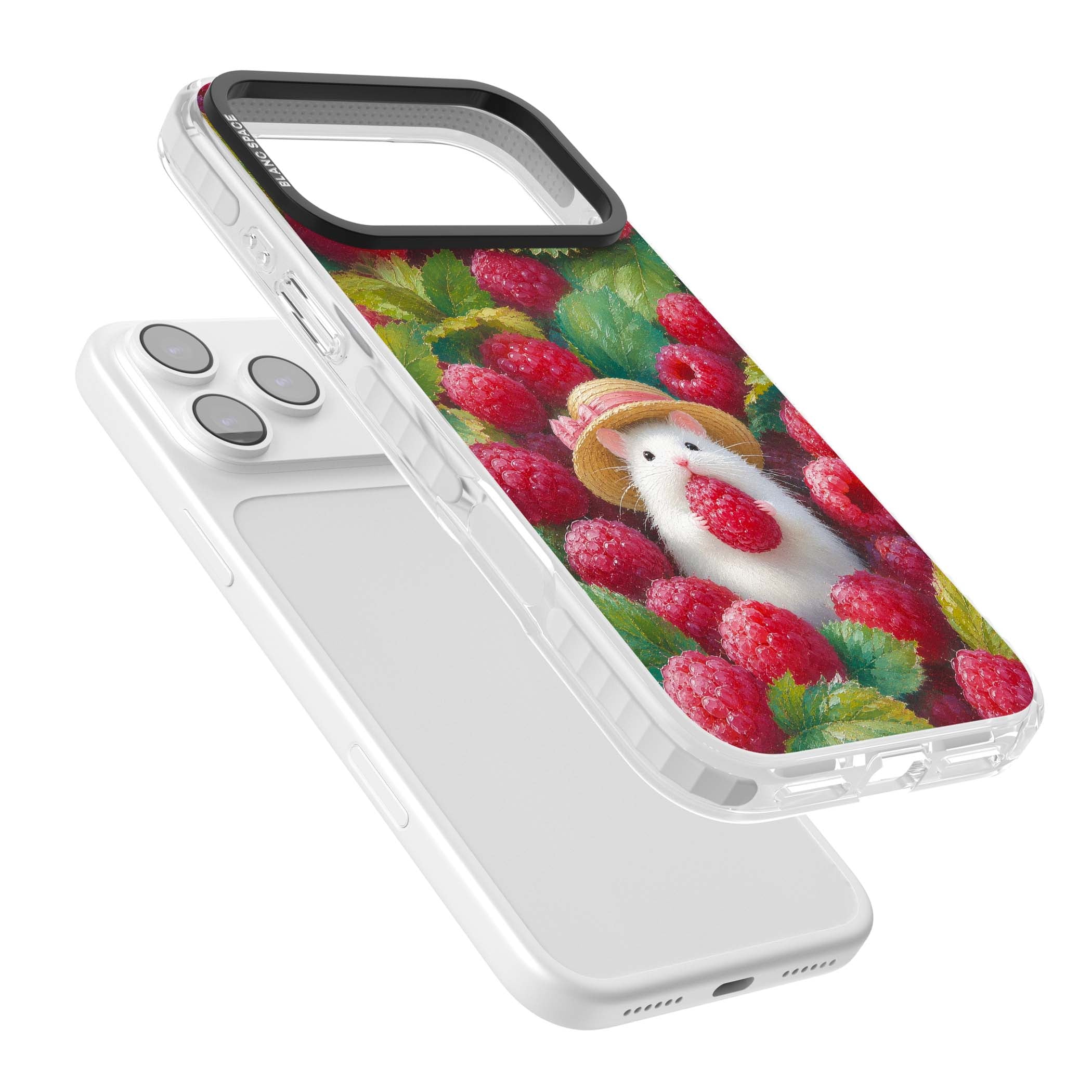 Berry Forager cottagecore iPhone case featuring a white hamster in a straw hat holding a raspberry surrounded by ripe ber | Impact Magsafe case for iPhone 17 Pro, iPhone 17 Pro Max