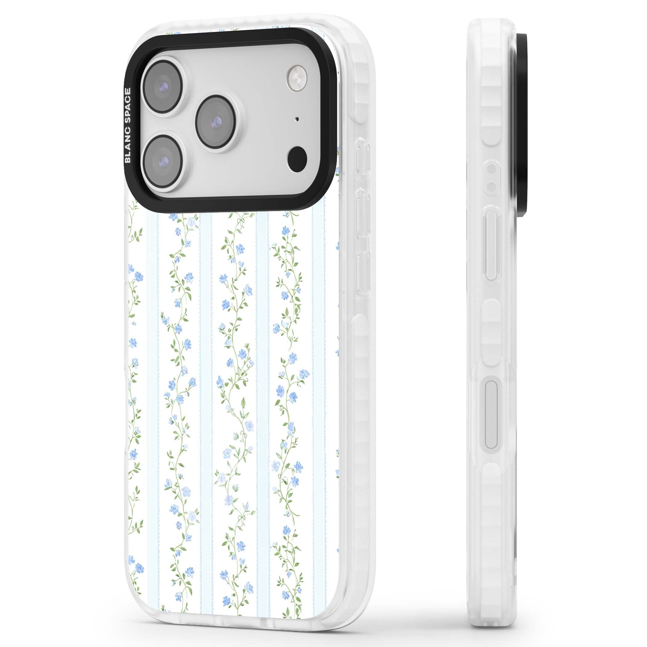 Bluebell Vine cottagecore iPhone case featuring climbing blue roses, trailing green vines, and pale ticking stripes | Impact Magsafe case for iPhone 17 Pro, iPhone 17 Pro Max