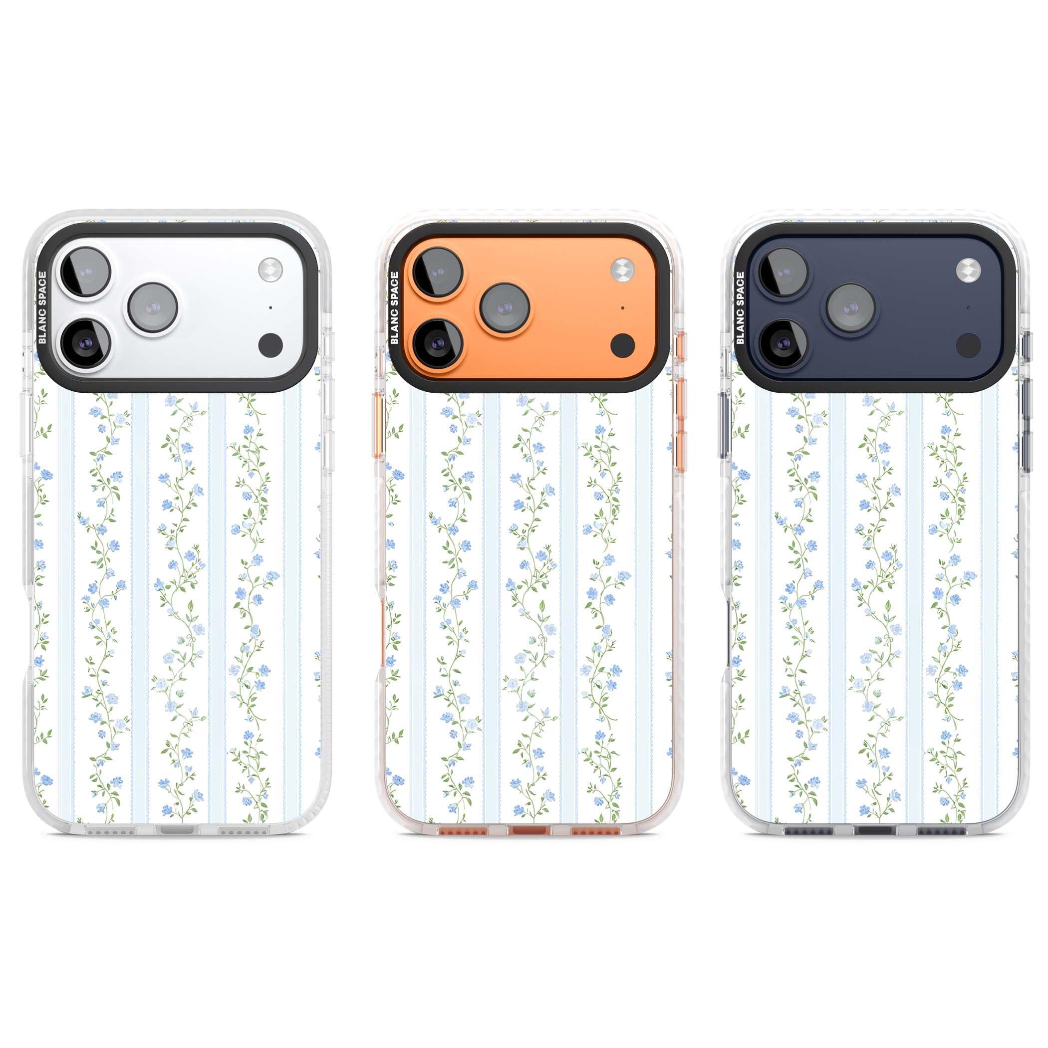 Bluebell Vine cottagecore iPhone case featuring climbing blue roses, trailing green vines, and pale ticking stripes | Impact Magsafe case for iPhone 17 Pro, iPhone 17 Pro Max