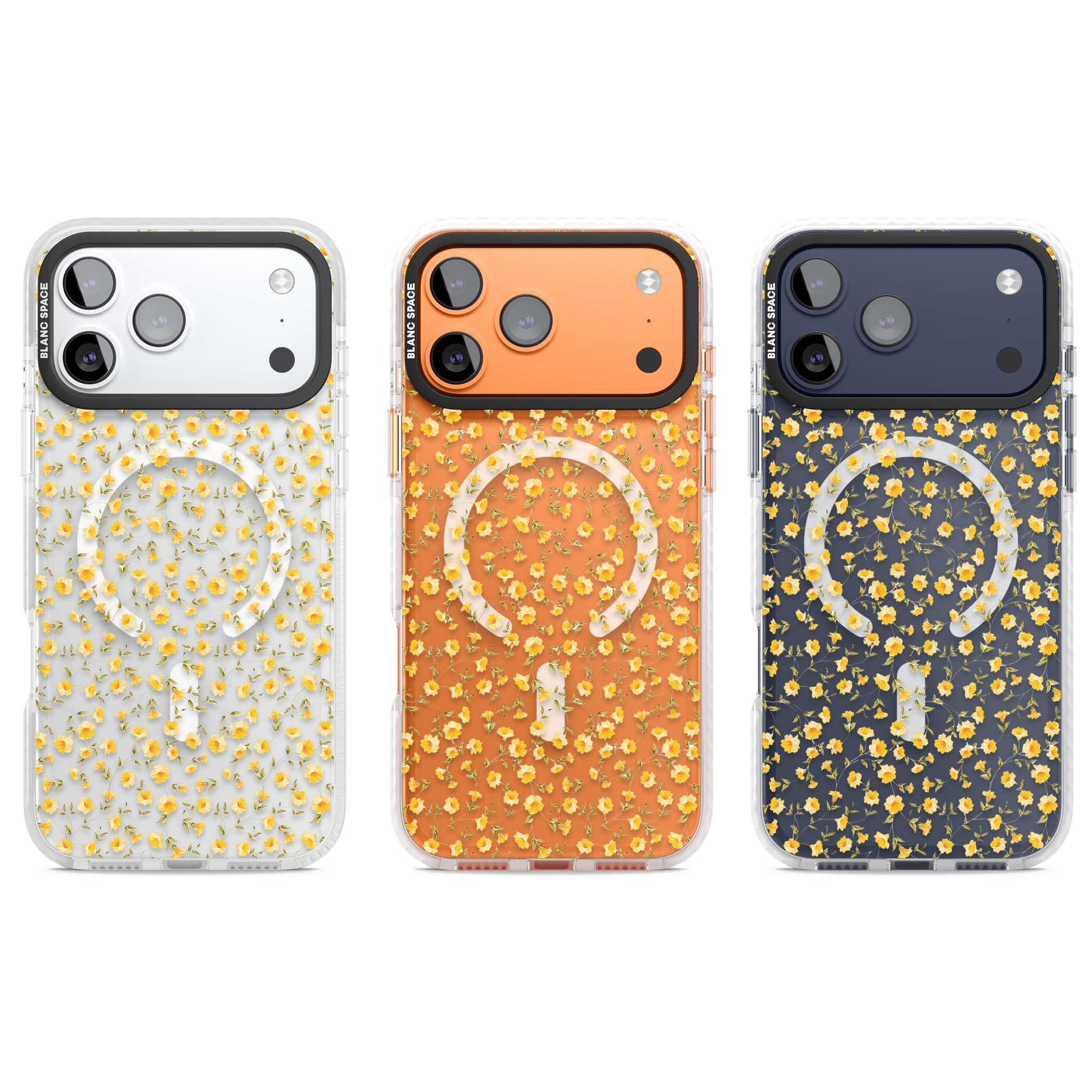 Buttercup wildflower iPhone case featuring tiny yellow flowers and trailing green vines on clear | Impact Magsafe case for iPhone 17 Pro, iPhone 17 Pro Max