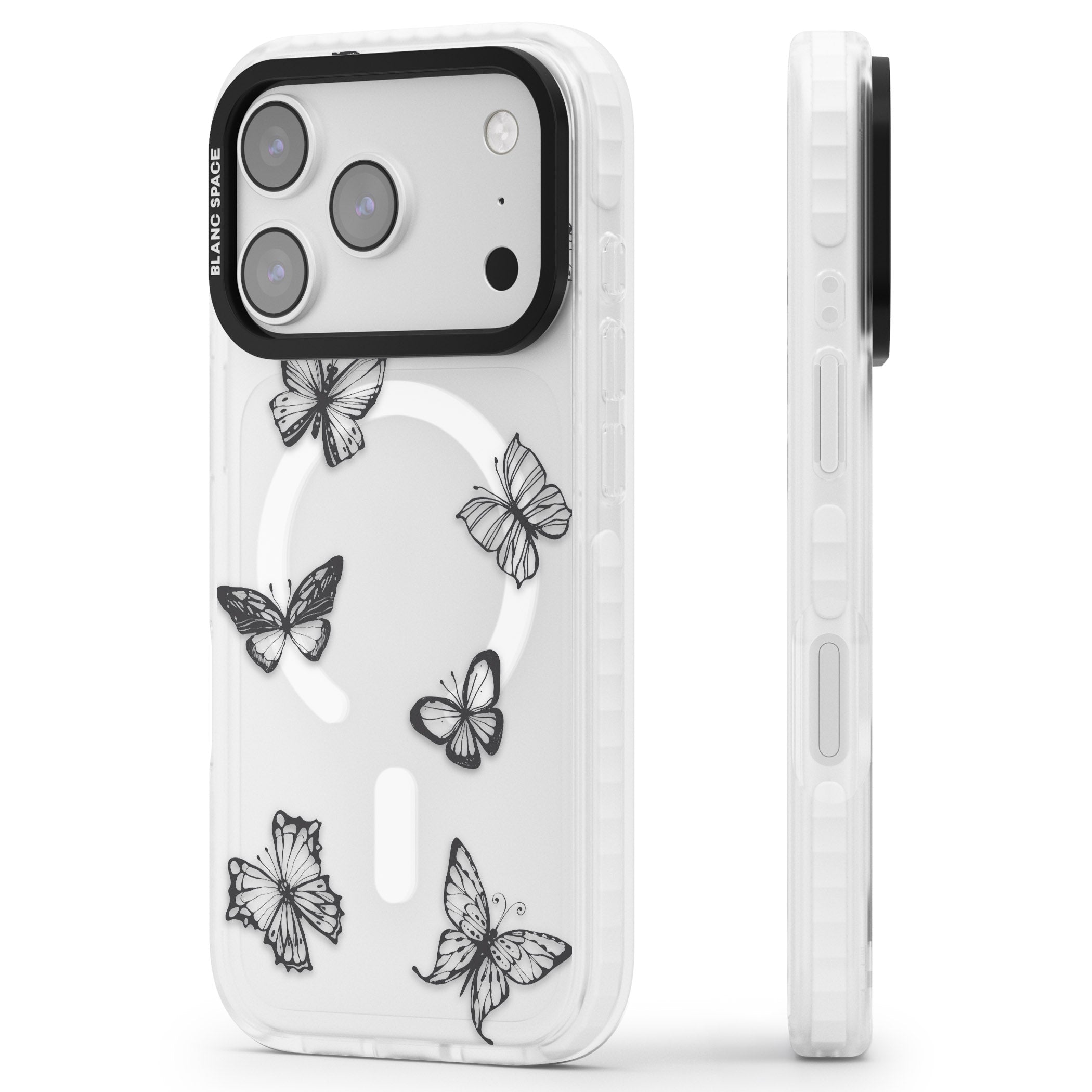 Grey Butterfly Line Pattern iPhone 17 Pro Max Impact Pro Clear Phone Case Side Profile