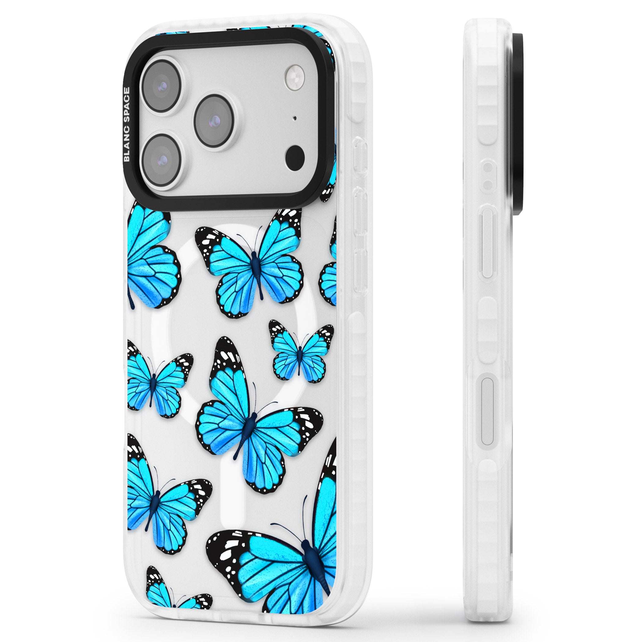 Blue Butterflies iPhone 17 Pro Max Impact Pro Clear Phone Case Side Profile