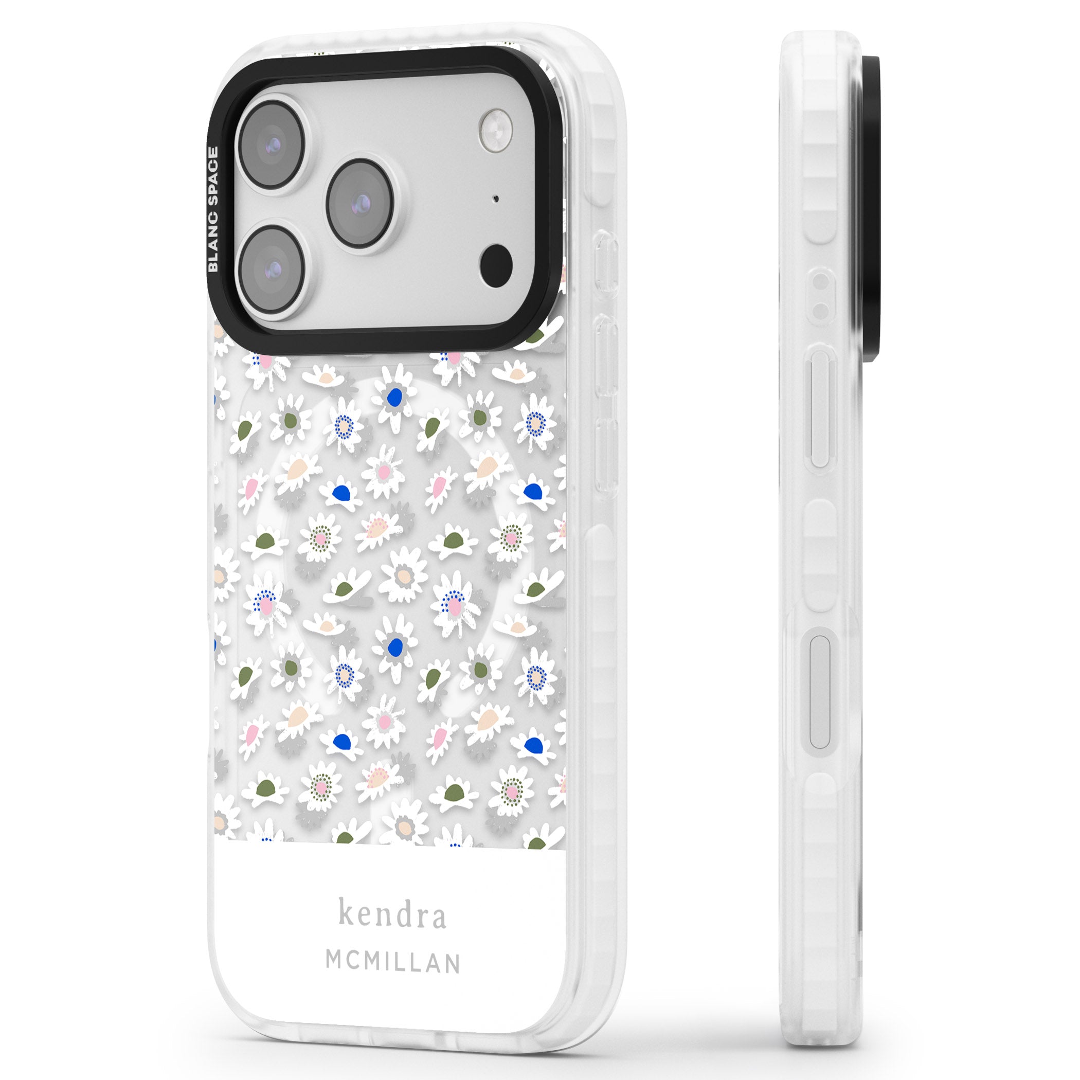 Personalised Grey & White Daisies iPhone 17 Pro Max Impact Pro Clear Phone Case Side Profile