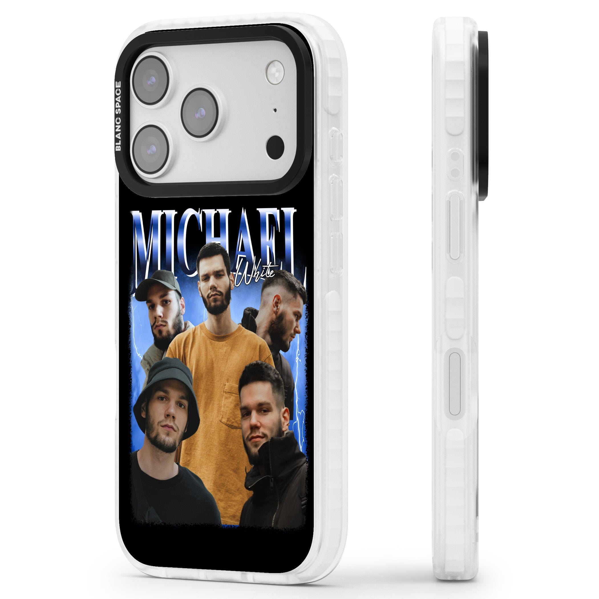 Personalised Airbrush Name & Photo Collage (Blue) iPhone 17 Pro Max Impact Pro Clear Phone Case Side Profile