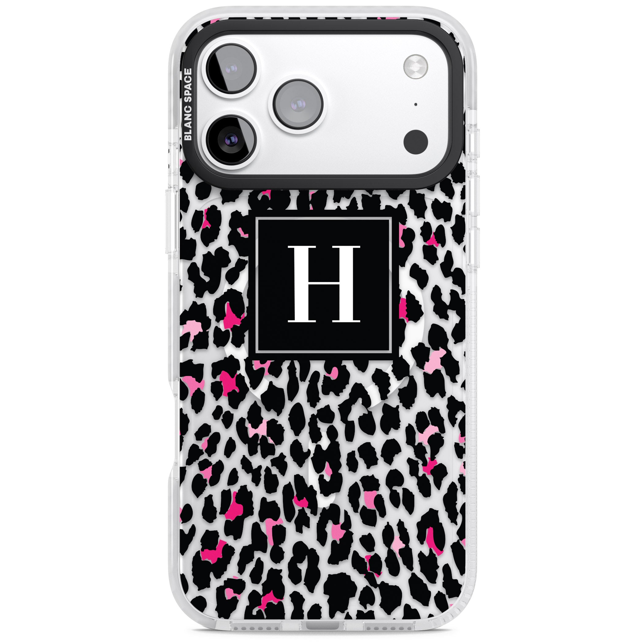 Personalised Clear Pink Leopard Monogram iPhone 17 Pro Max Impact Pro Clear Phone Case