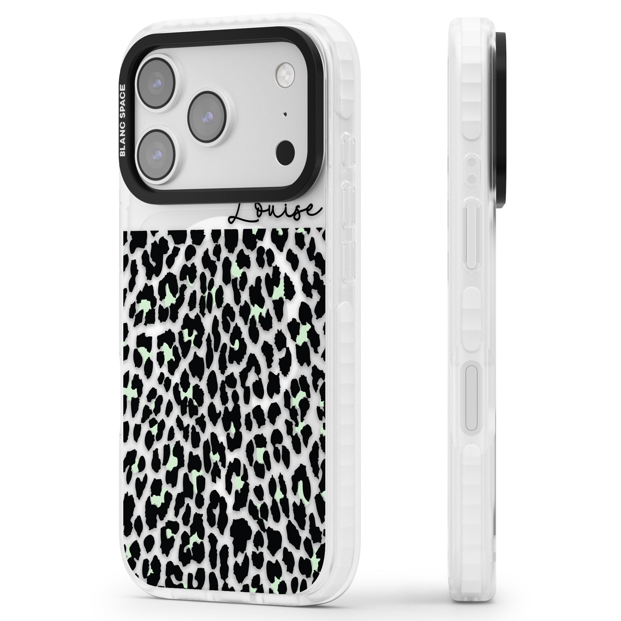 Personalised Seafoam Leopard iPhone 17 Pro Max Impact Pro Clear Phone Case Side Profile