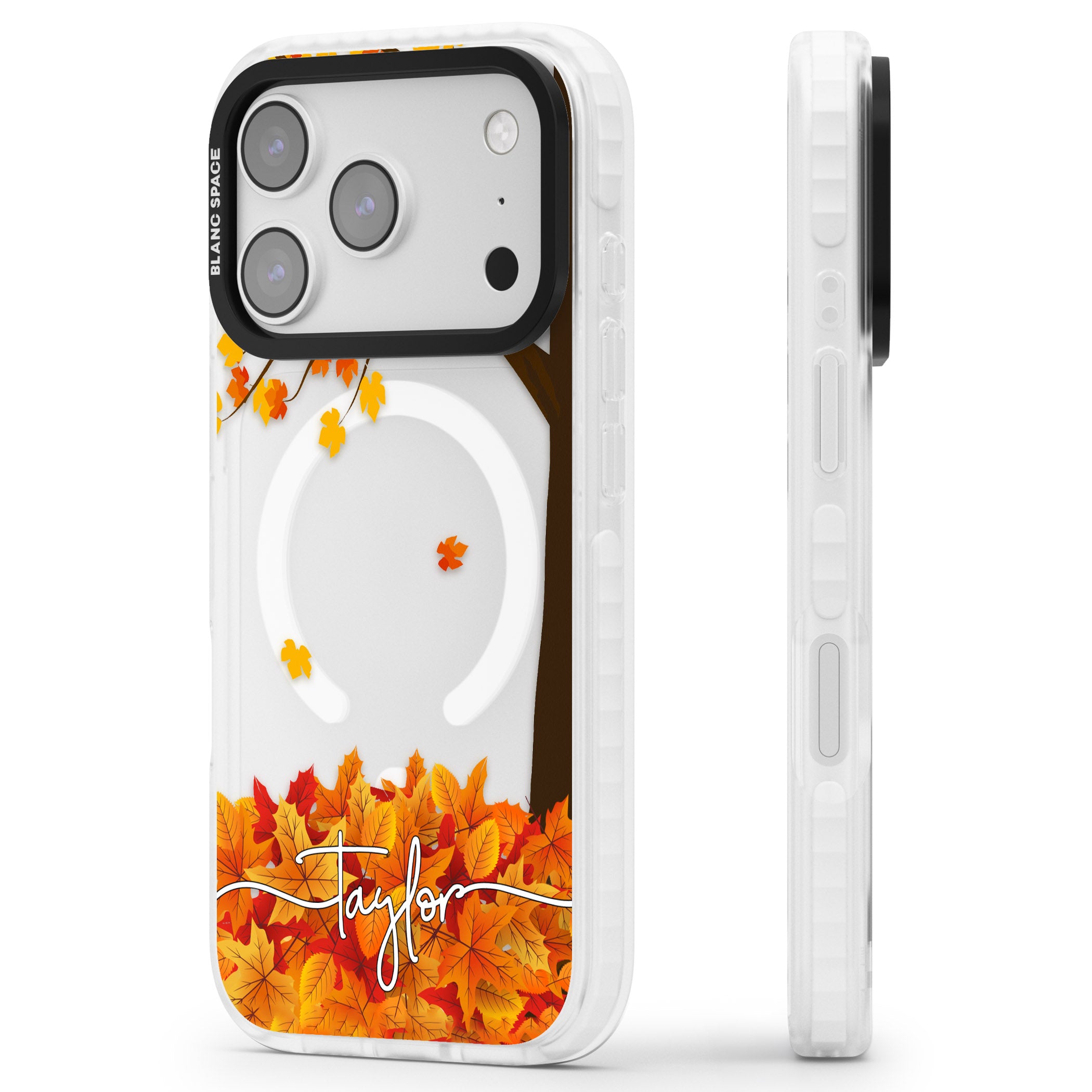 Personalised Autumn Leaves iPhone 17 Pro Max Impact Pro Clear Phone Case Side Profile