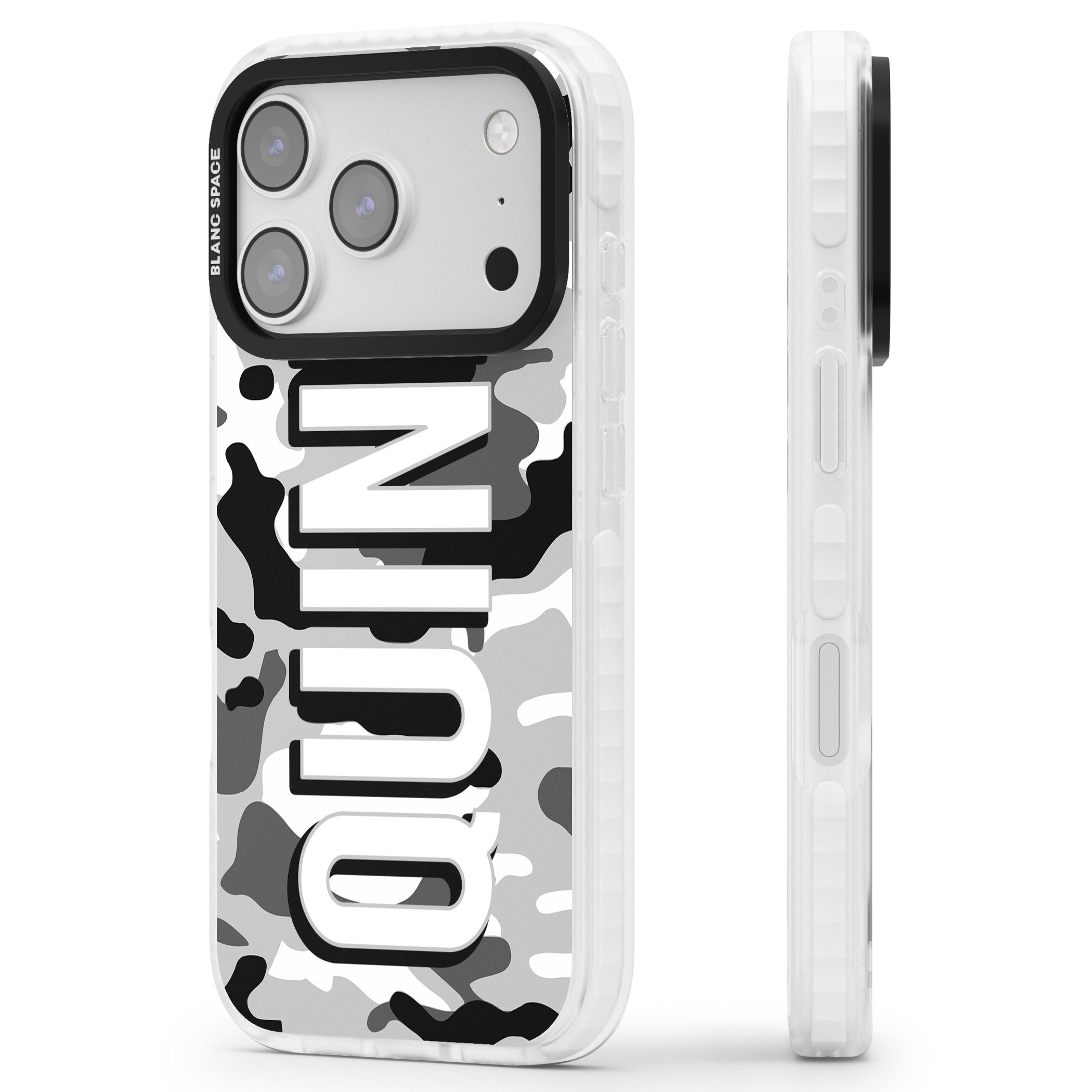 Personalised Greyscale Camo iPhone 17 Pro Max Impact Pro Clear Phone Case Side Profile