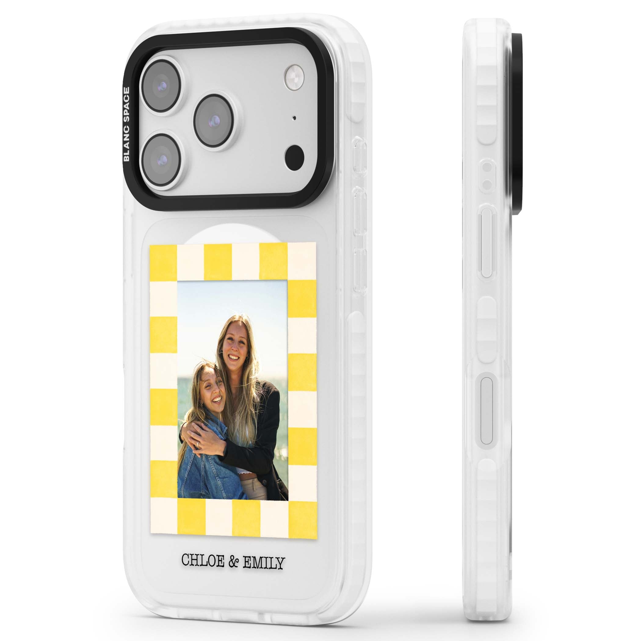 Yellow Check Photo personalised iPhone case with yellow checkered Polaroid frame and custom names beneath | Impact Magsafe case for iPhone 17 Pro, iPhone 17 Pro Max
