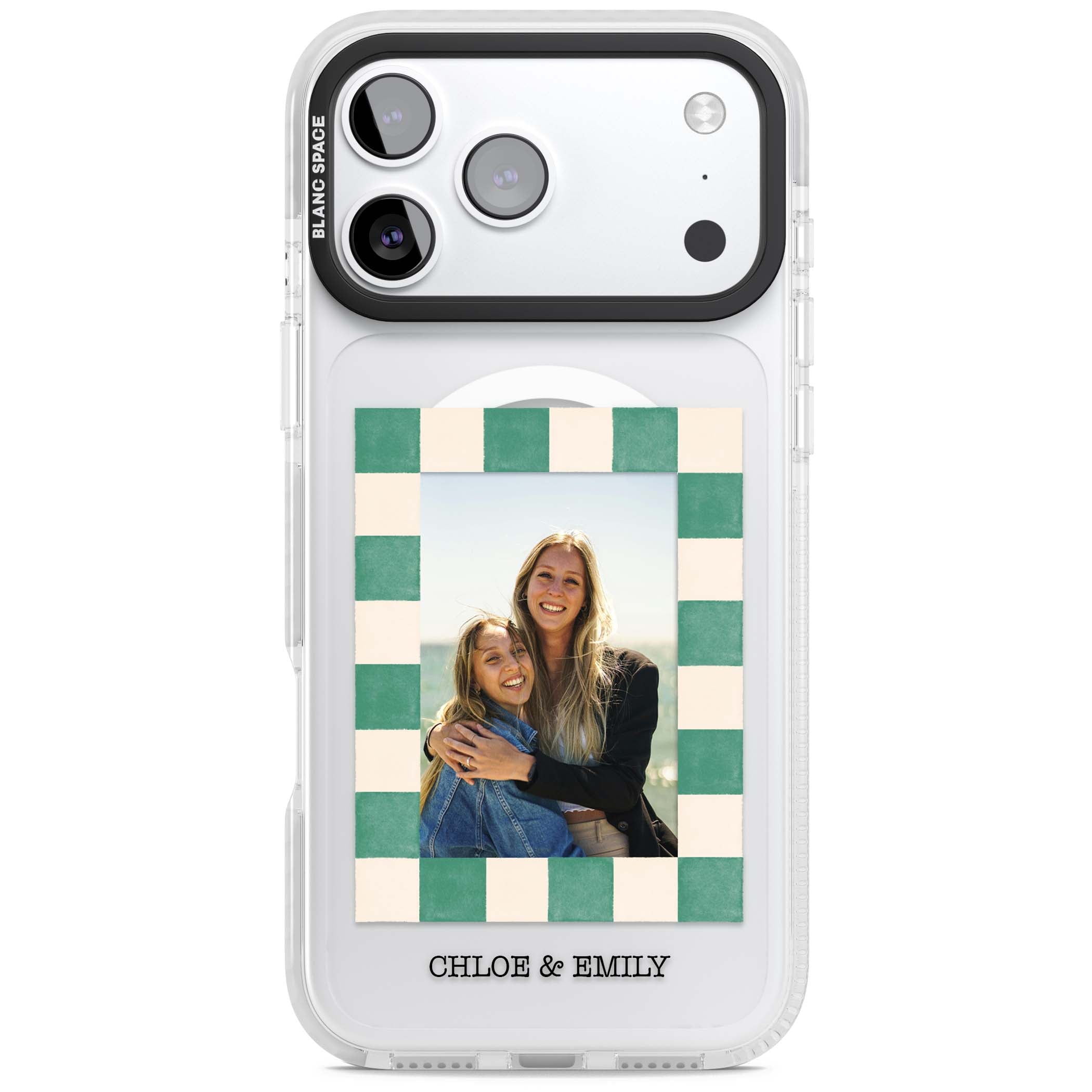Seafoam Check Photo personalised iPhone case featuring a custom polaroid photo, green and cream checkered frame, and custom n | Impact Magsafe case for iPhone 17 Pro, iPhone 17 Pro Max