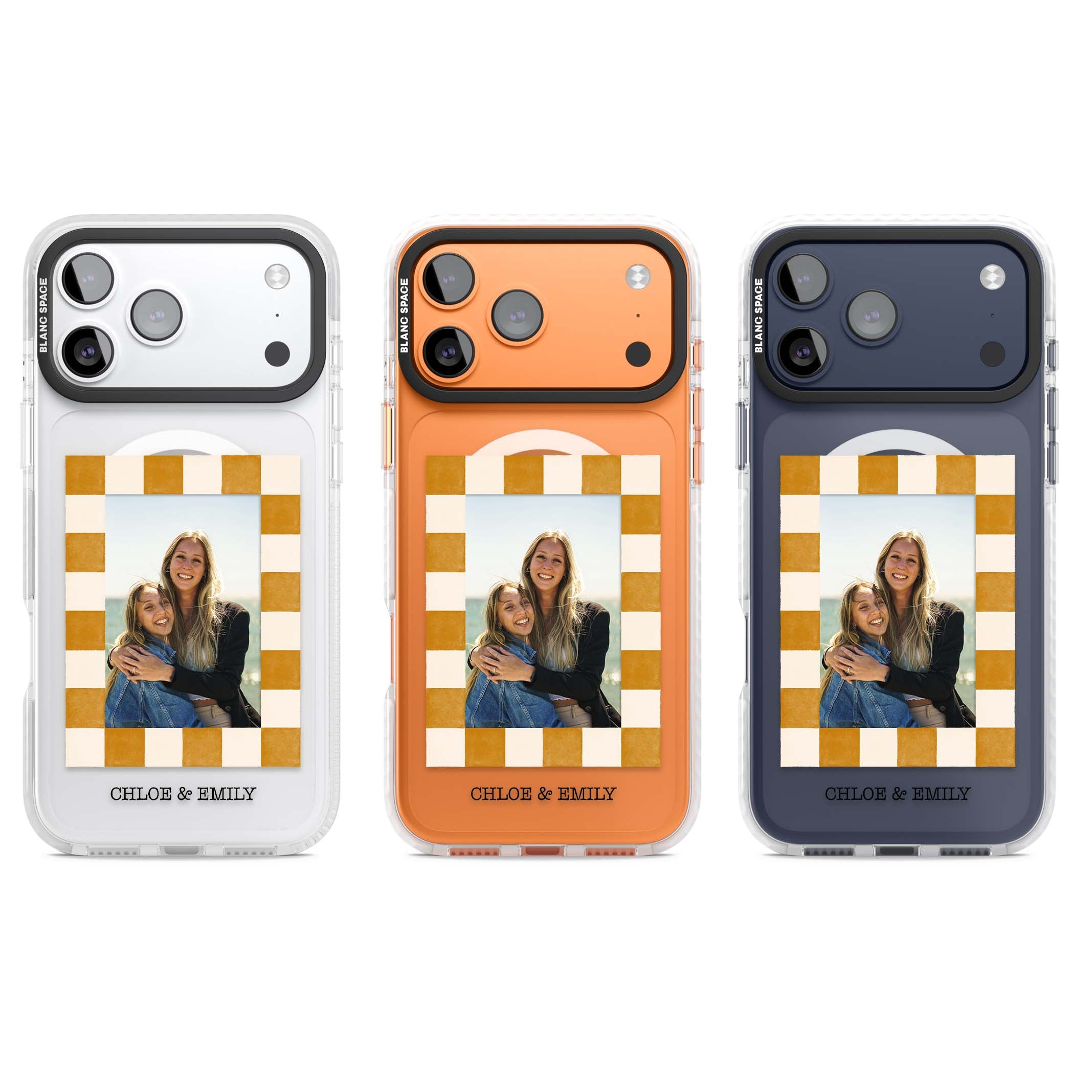 Citrus Check Photo personalised iPhone case with custom photo, orange checkered frame and names underneath | Impact Magsafe case for iPhone 17 Pro, iPhone 17 Pro Max