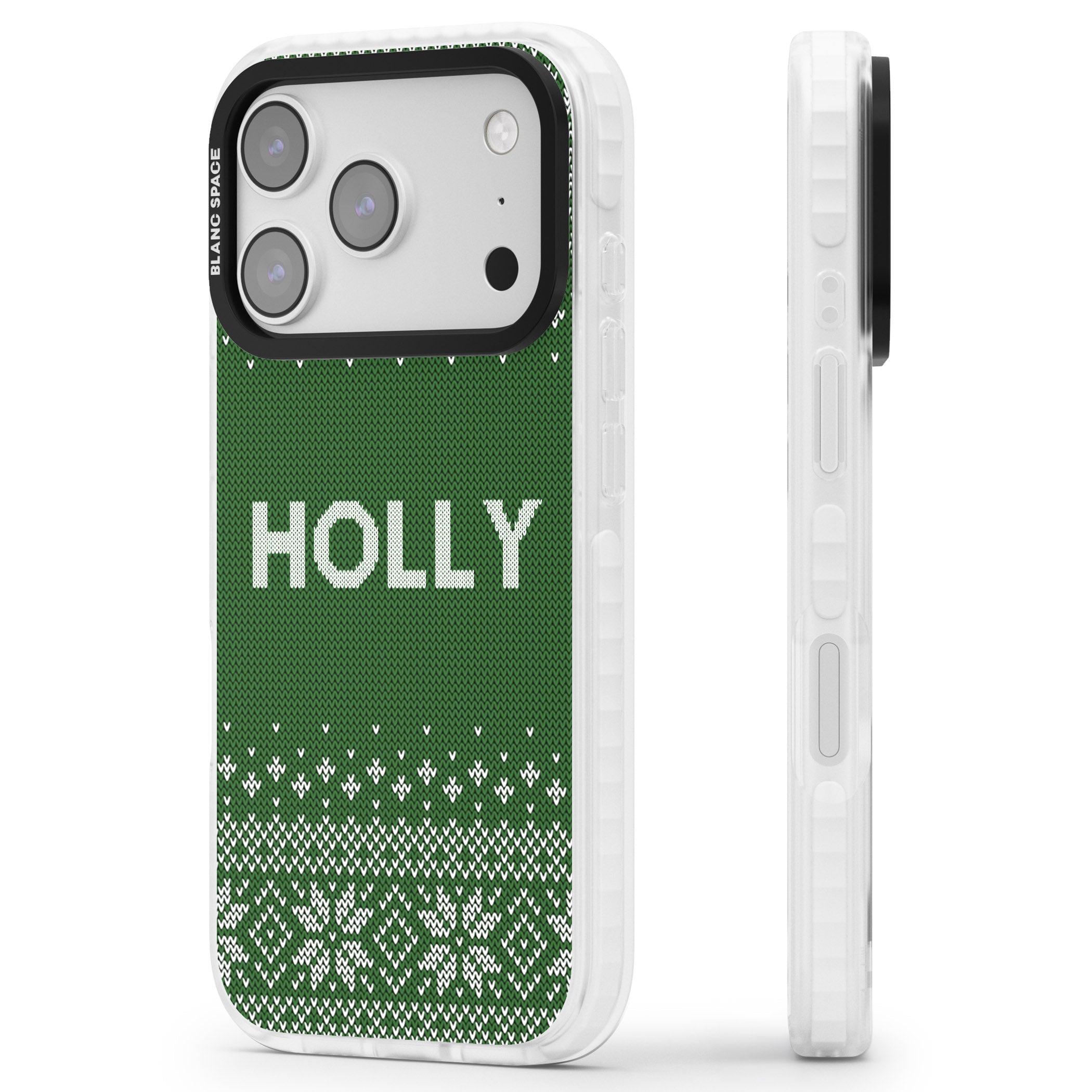 Personalised Green Christmas Knit iPhone 17 Pro Max Impact Pro Clear Phone Case Side Profile