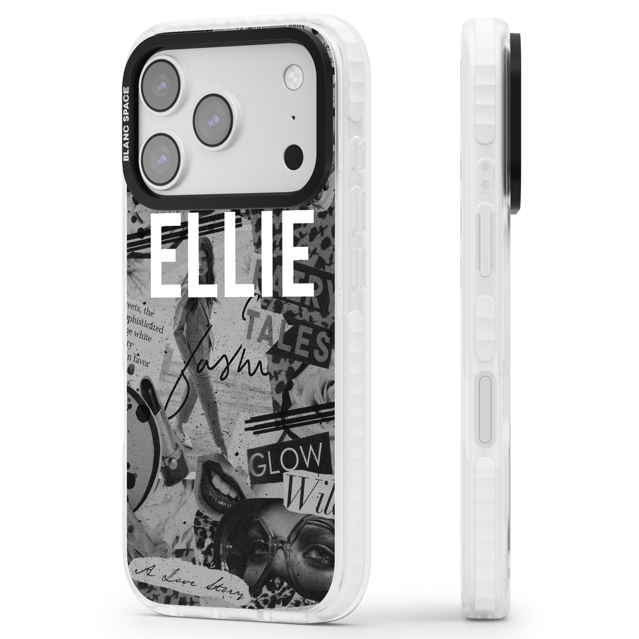 Personalised Grey Scale Vintage Collage iPhone 17 Pro Max Impact Pro Clear Phone Case Side Profile