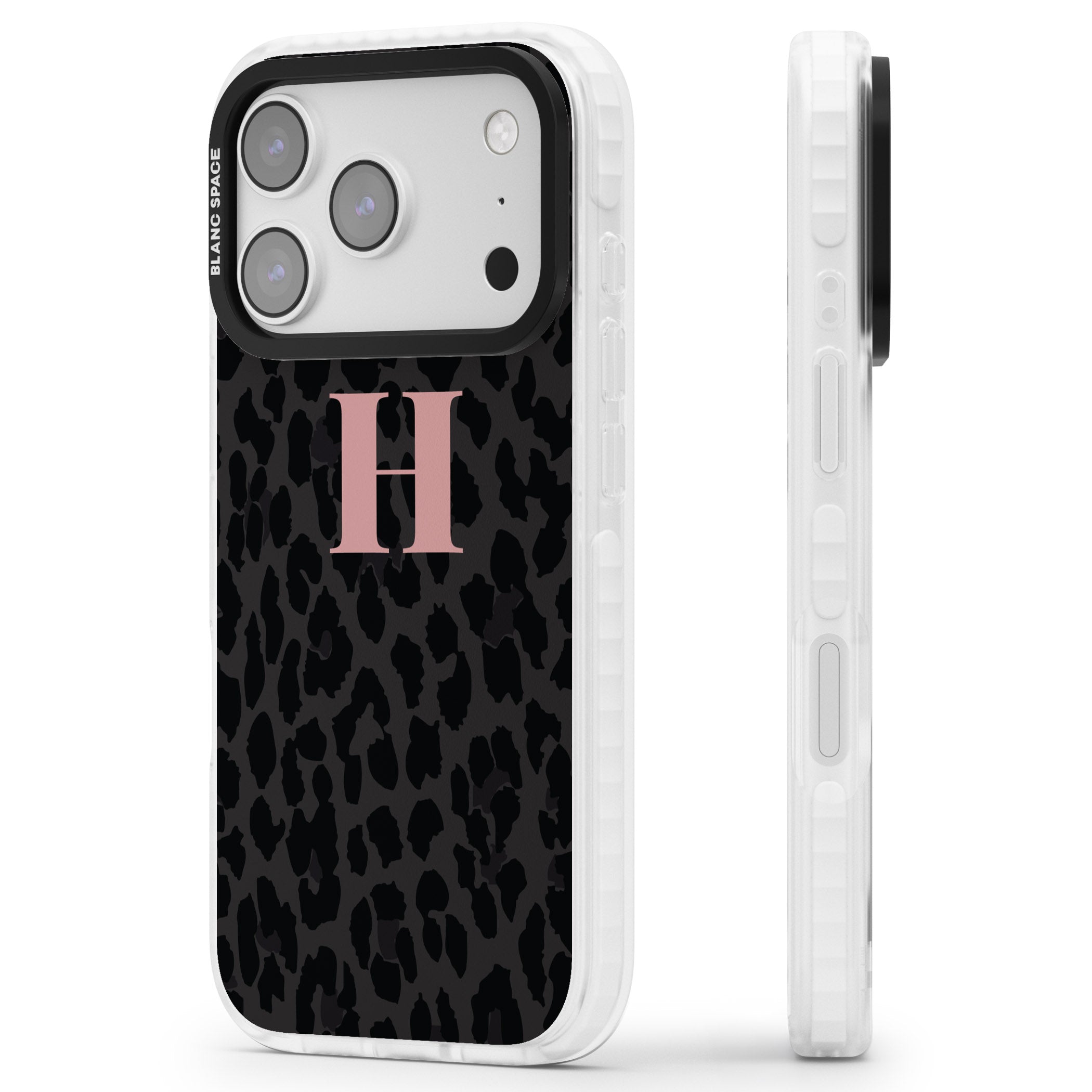 Personalised Pink Leopard Monogram iPhone 17 Pro Max Impact Pro Clear Phone Case Side Profile