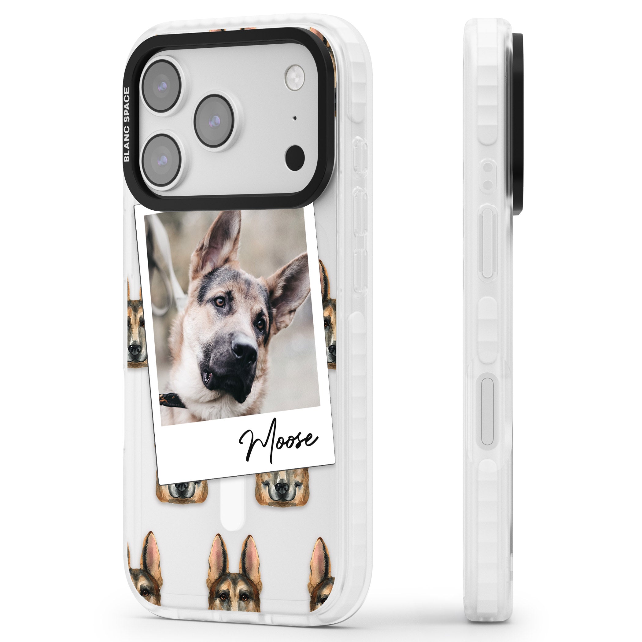 Personalised German Shepherd Instant Camera Photo iPhone 17 Pro Max Impact Pro Clear Phone Case Side Profile