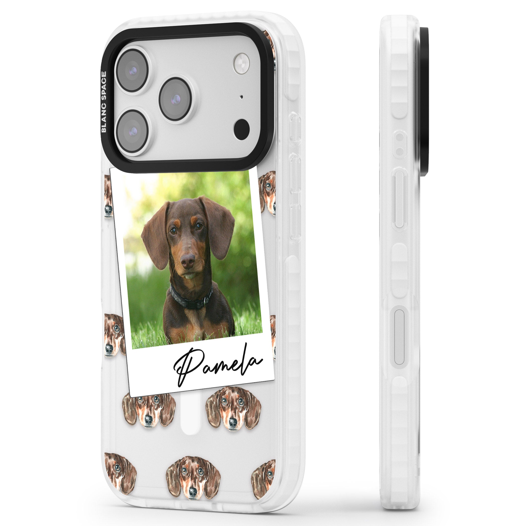 Personalised Brown Dachshund Instant Camera Photo iPhone 17 Pro Max Impact Pro Clear Phone Case Side Profile