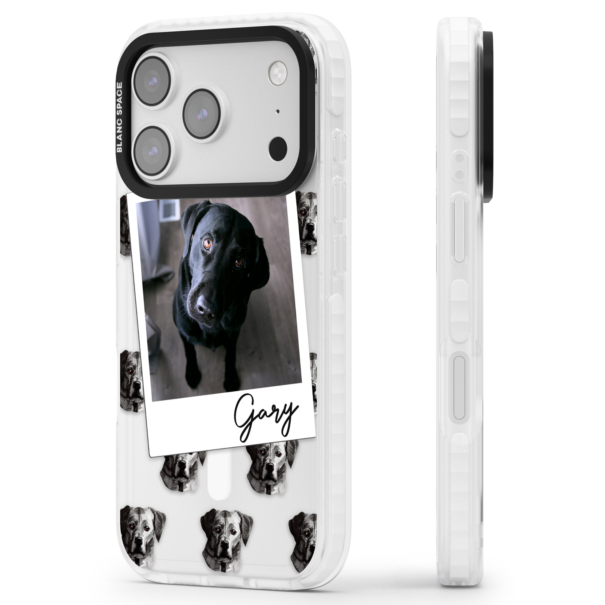 Personalised Black Labrador Instant Camera Photo iPhone 17 Pro Max Impact Pro Clear Phone Case Side Profile