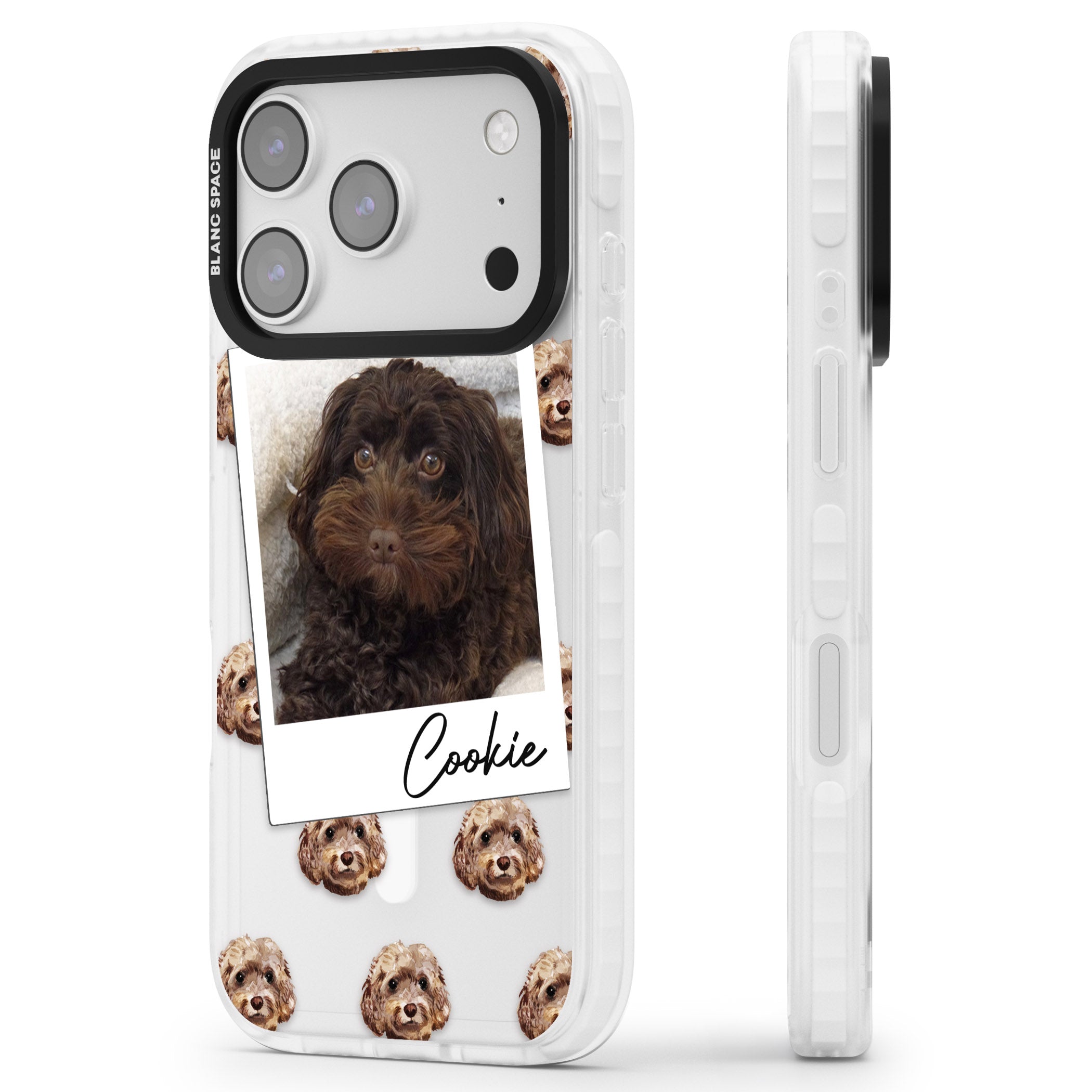 Personalised Brown Cockapoo Instant Camera Photo iPhone 17 Pro Max Impact Pro Clear Phone Case Side Profile