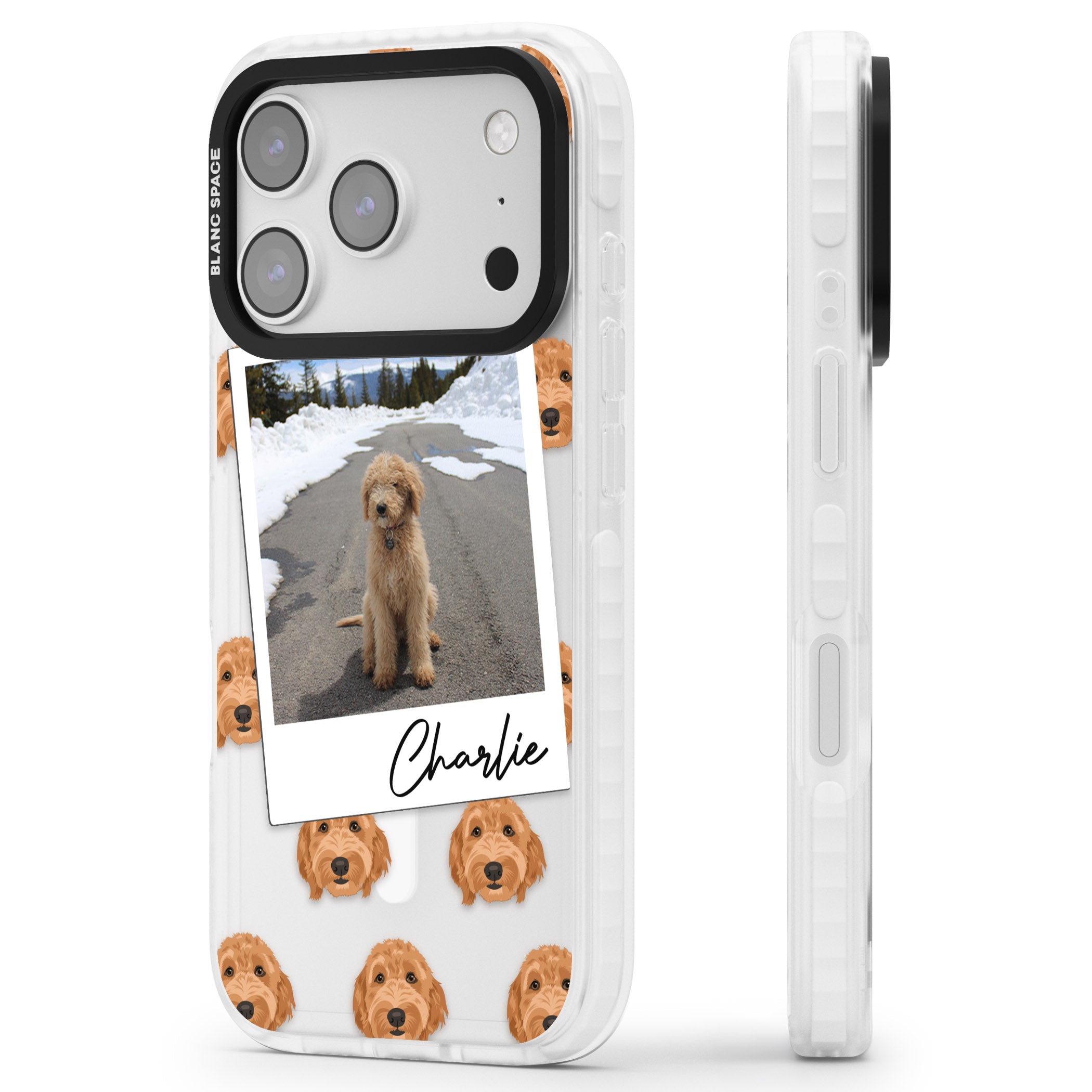 Personalised Golden Doodle Dog Photo iPhone 17 Pro Max Impact Pro Clear Phone Case Side Profile