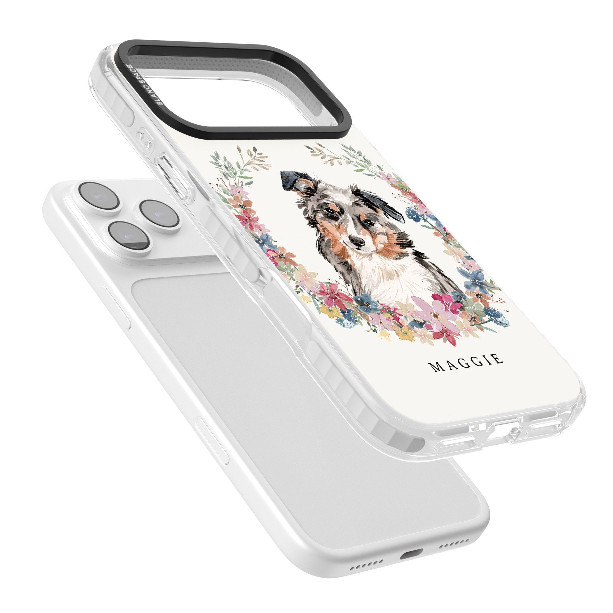 Personalised Australian Shepherd Floral Portrait iPhone 17 Pro Max Impact Pro Clear Phone Case Colours