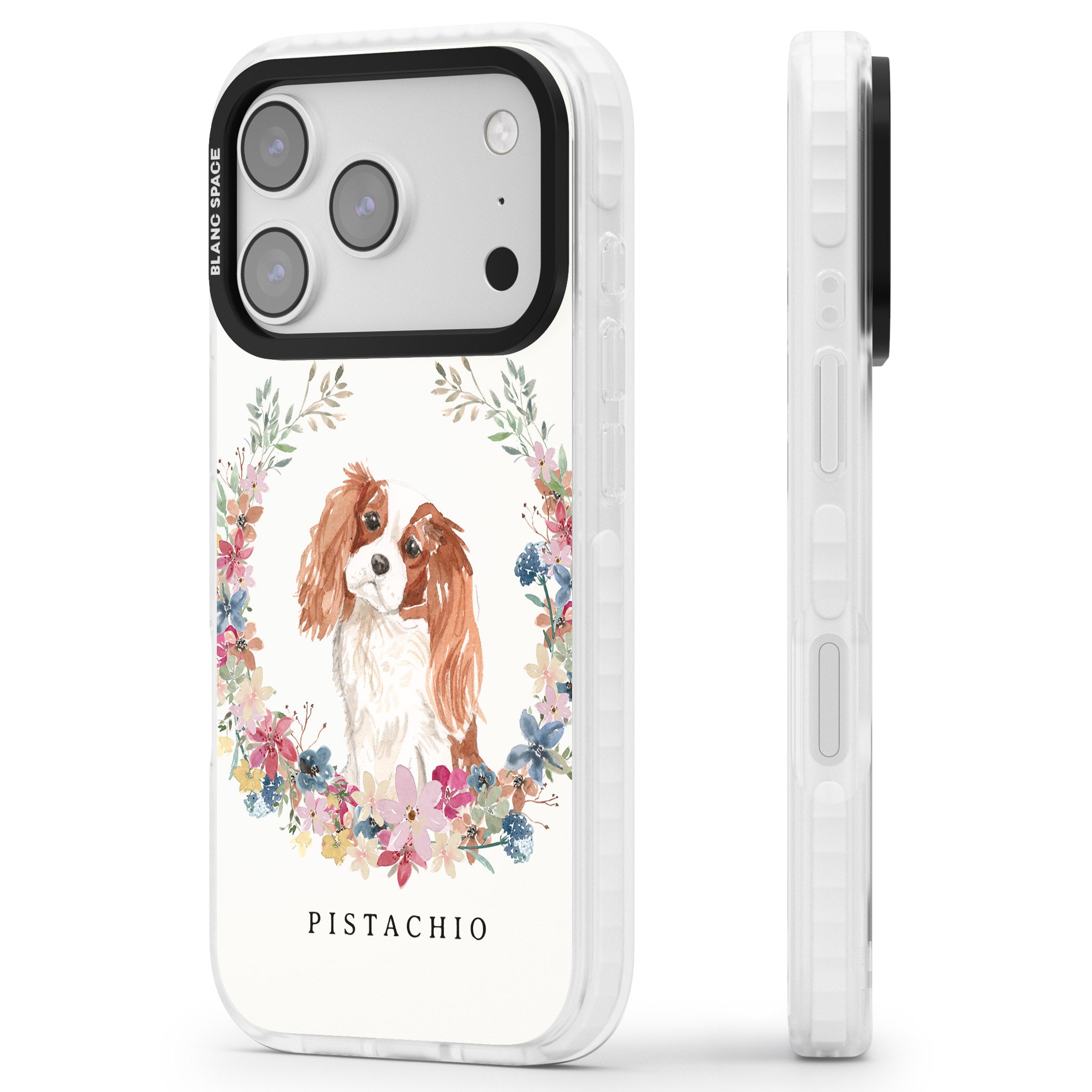 Personalised Cavalier King Charles Floral Portrait iPhone 17 Pro Max Impact Pro Clear Phone Case Side Profile