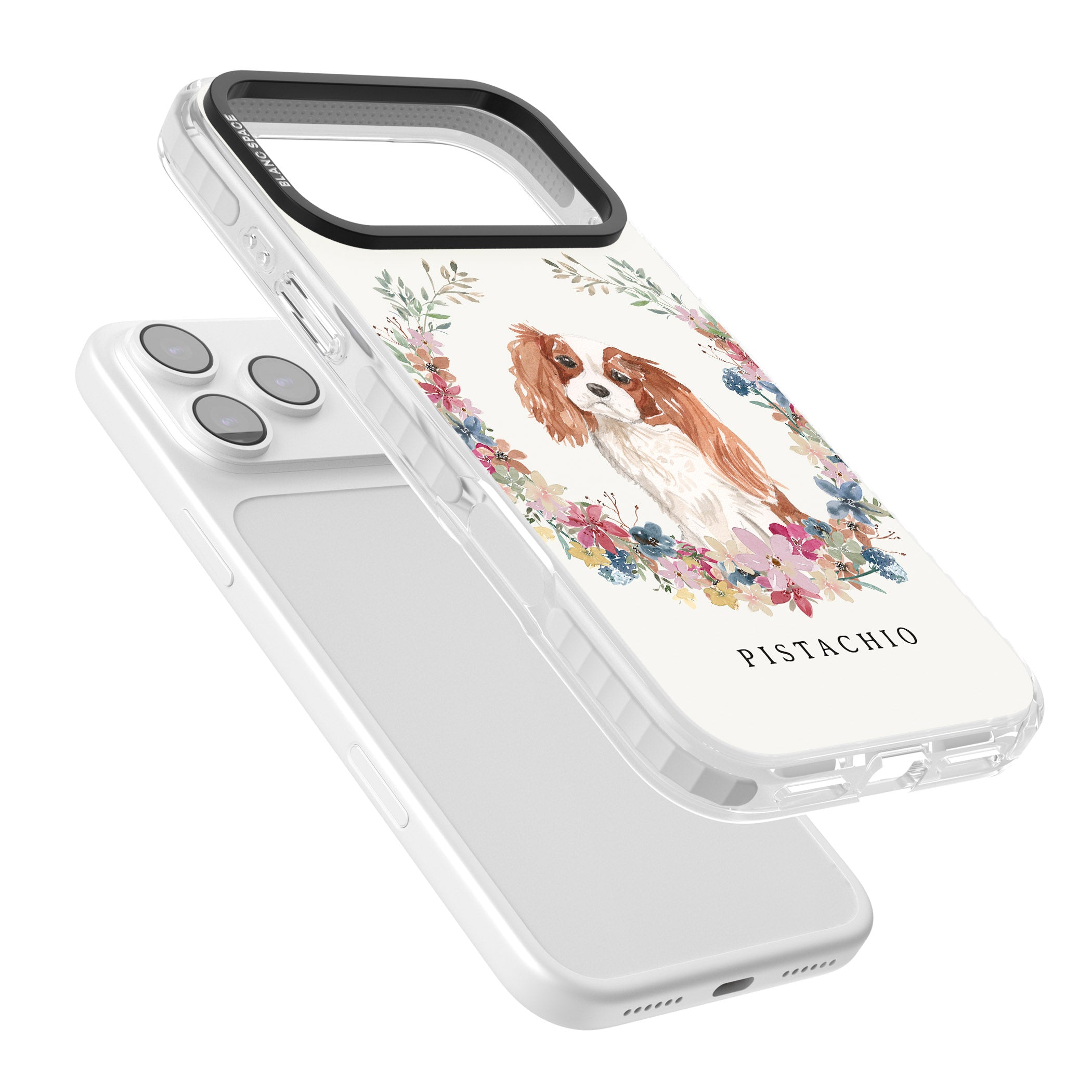Personalised Cavalier King Charles Floral Portrait iPhone 17 Pro Max Impact Pro Clear Phone Case Colours