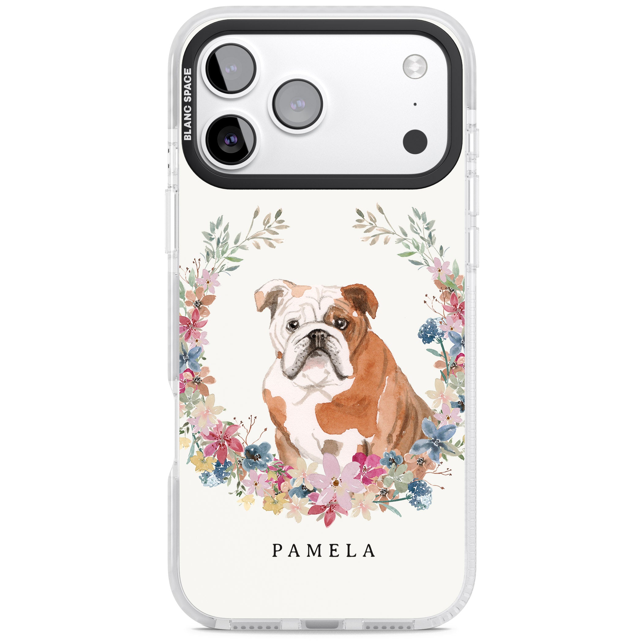 Personalised English Bulldog Floral Portrait iPhone 17 Pro Max Impact Pro Clear Phone Case