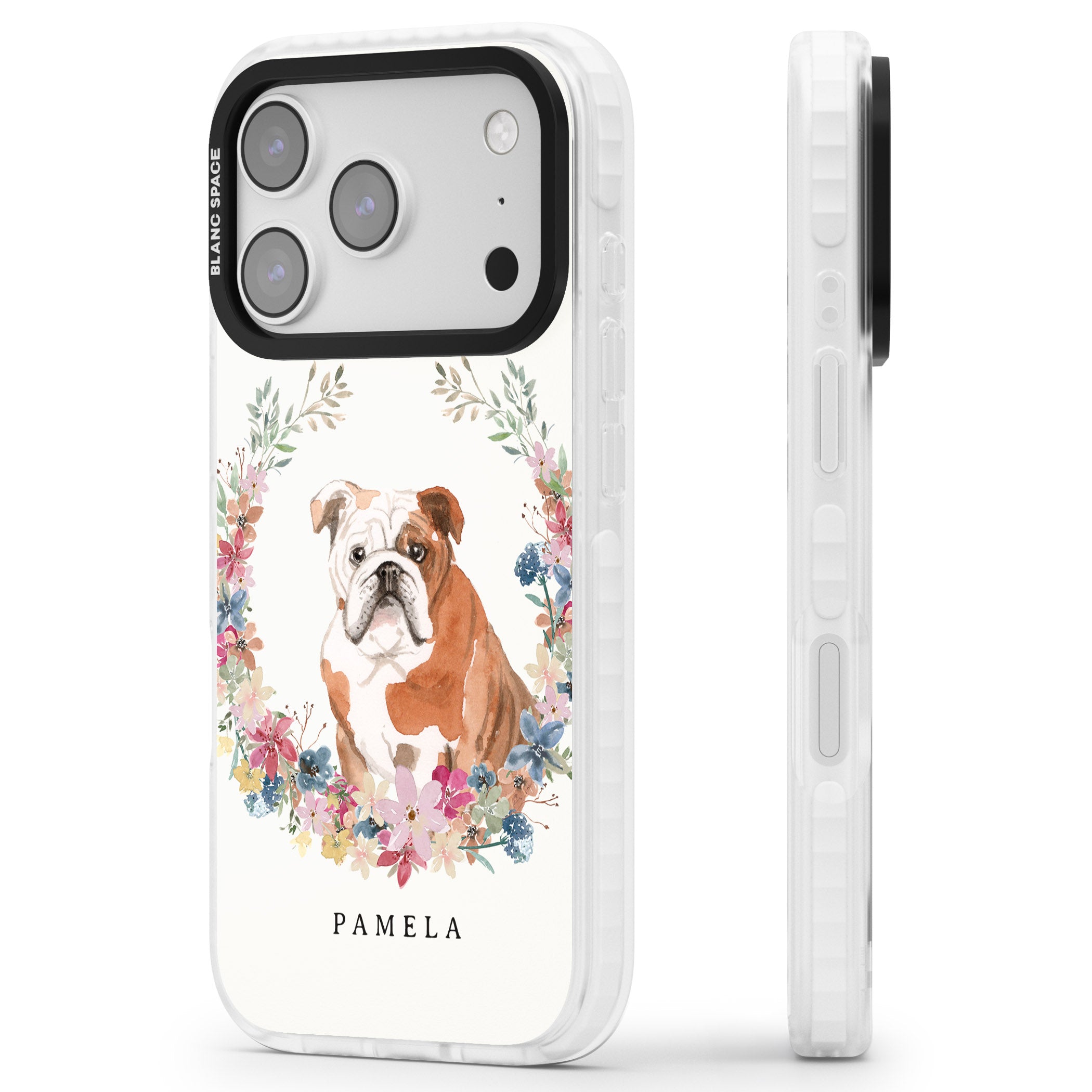 Personalised English Bulldog Floral Portrait iPhone 17 Pro Max Impact Pro Clear Phone Case Side Profile