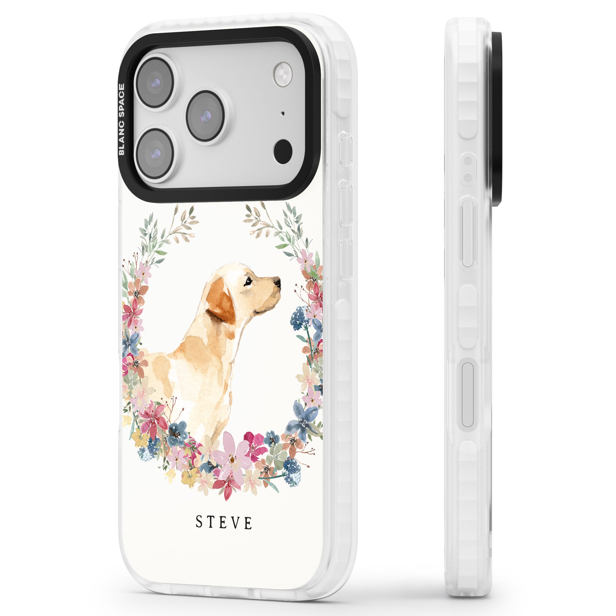 Personalised Yellow Labrador Floral Portrait iPhone 17 Pro Max Impact Pro Clear Phone Case Side Profile