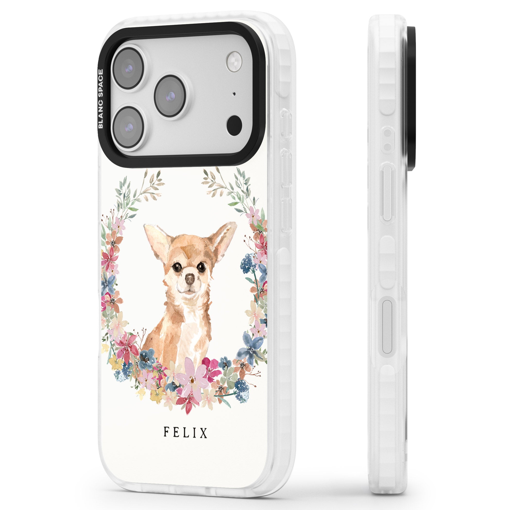 Personalised Chihuahua Floral Portrait iPhone 17 Pro Max Impact Pro Clear Phone Case Side Profile
