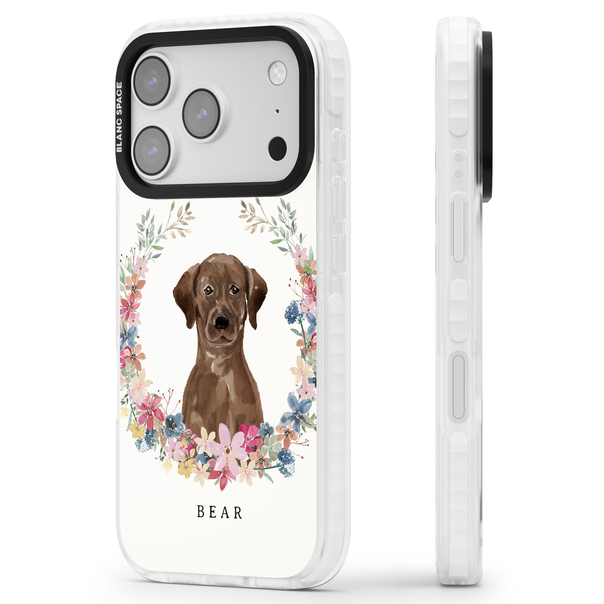Personalised Chocolate Labrador Floral Portrait iPhone 17 Pro Max Impact Pro Clear Phone Case Side Profile