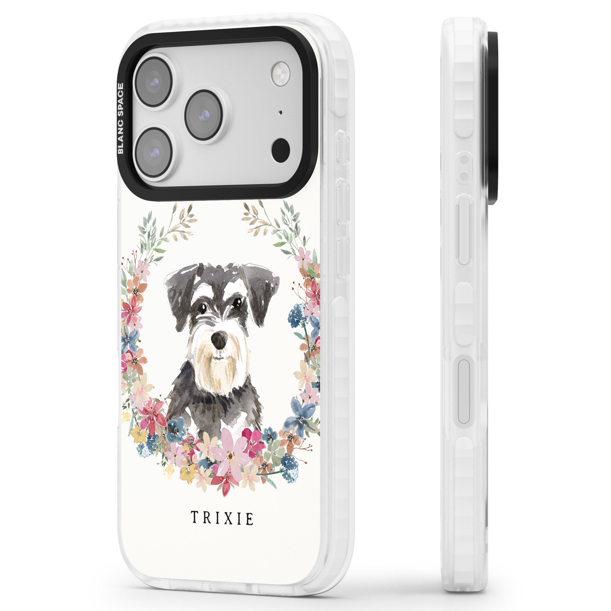 Personalised Watercolor Schnauzer Floral Portrait iPhone 17 Pro Max Impact Pro Clear Phone Case Side Profile