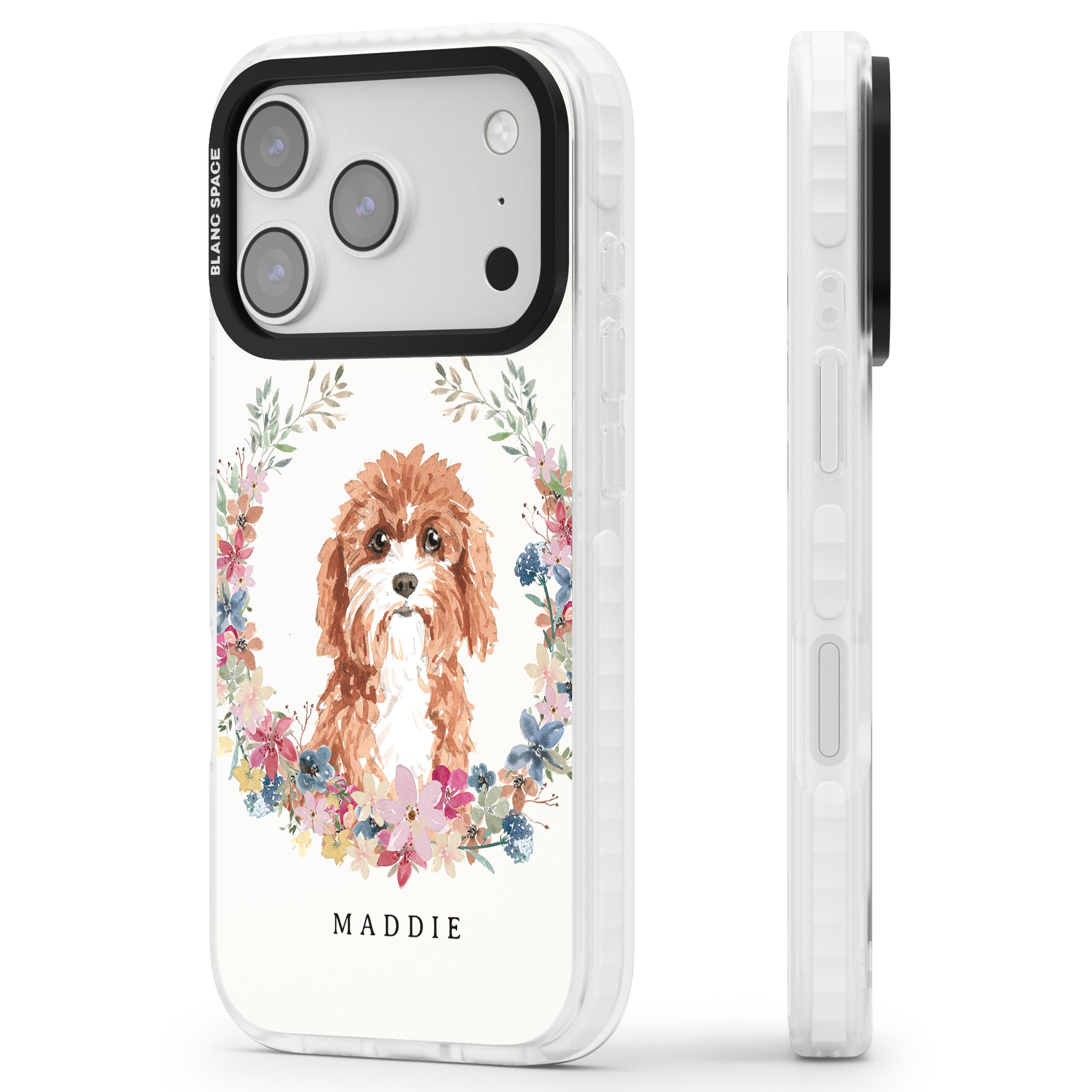 Personalised Cavapoo Floral Portrait iPhone 17 Pro Max Impact Pro Clear Phone Case Side Profile