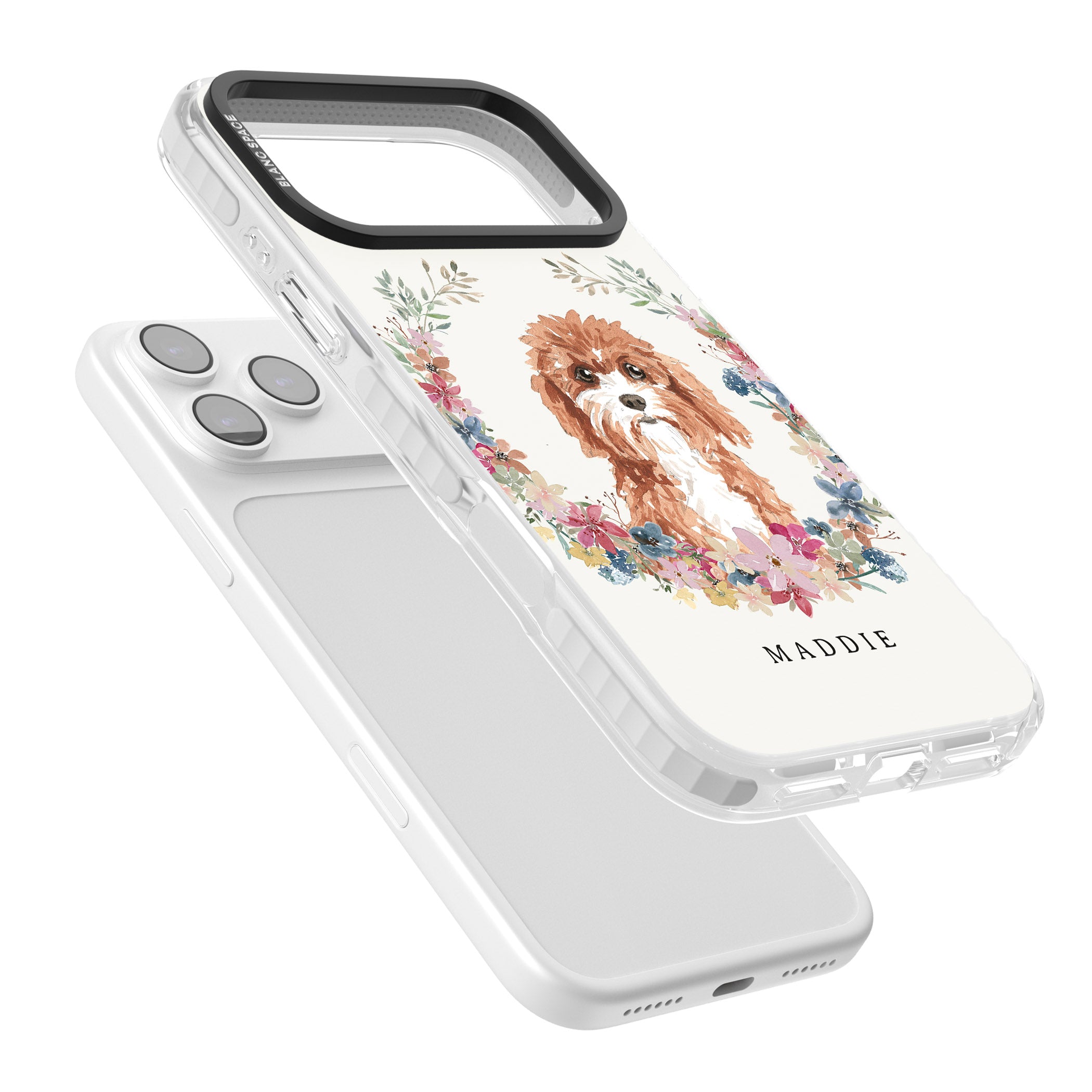 Personalised Cavapoo Floral Portrait iPhone 17 Pro Max Impact Pro Clear Phone Case Colours