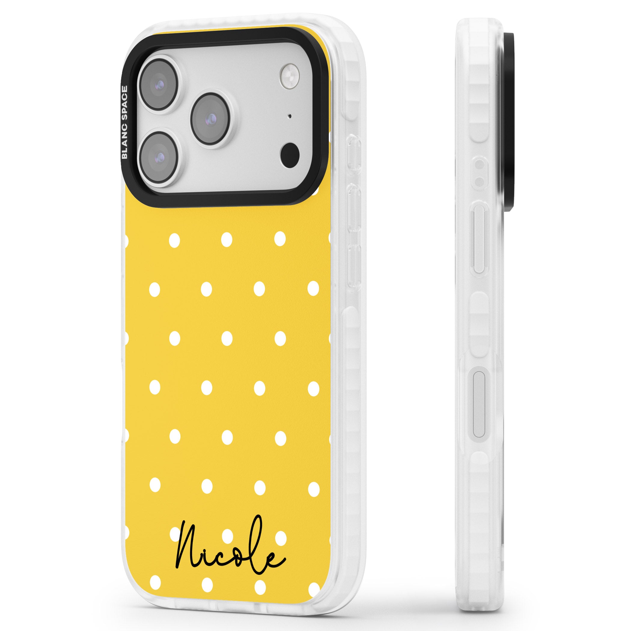 Personalised Yellow Polka Dot iPhone 17 Pro Max Impact Pro Clear Phone Case Side Profile