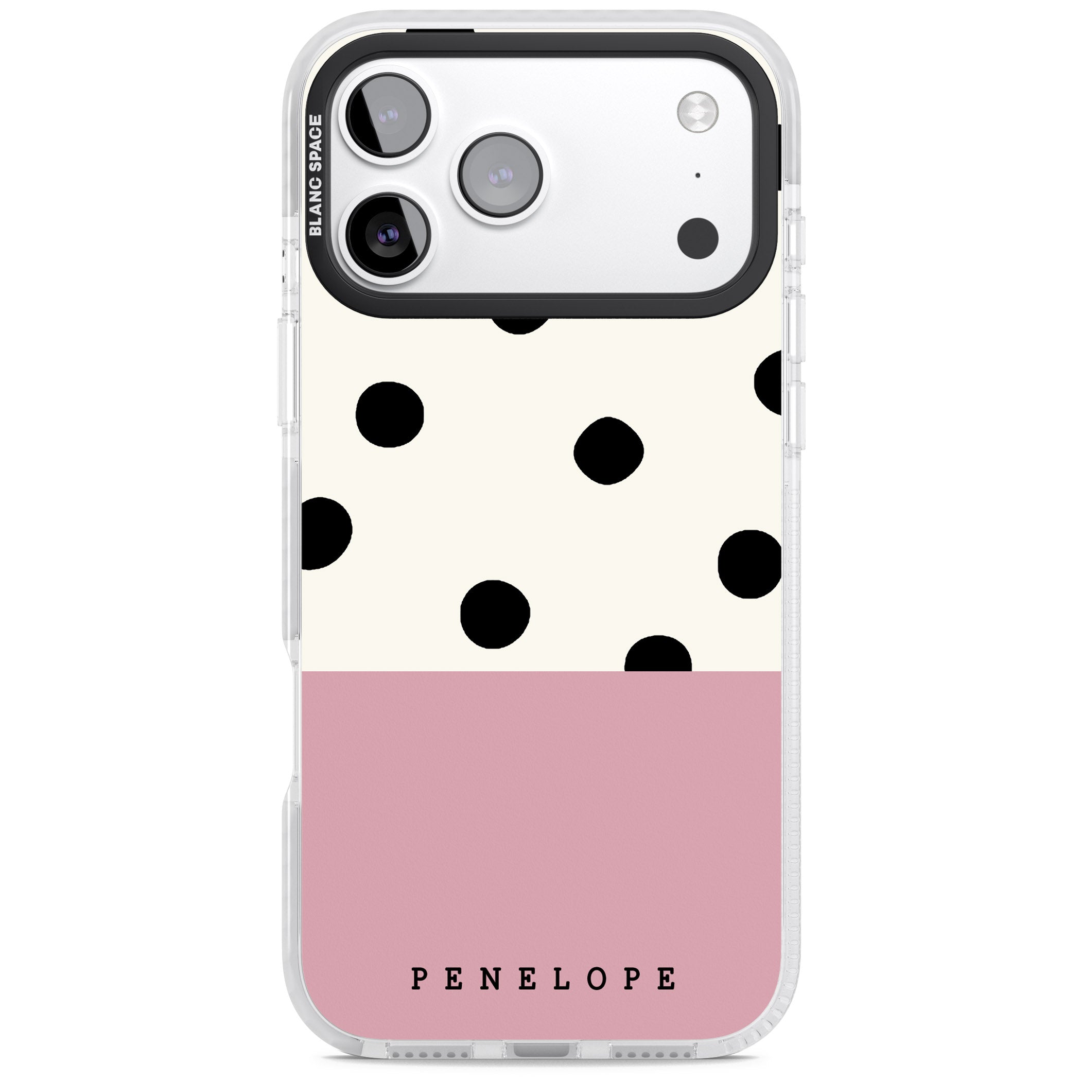 Personalised Pink Border Polka Dot iPhone 17 Pro Max Impact Pro Clear Phone Case