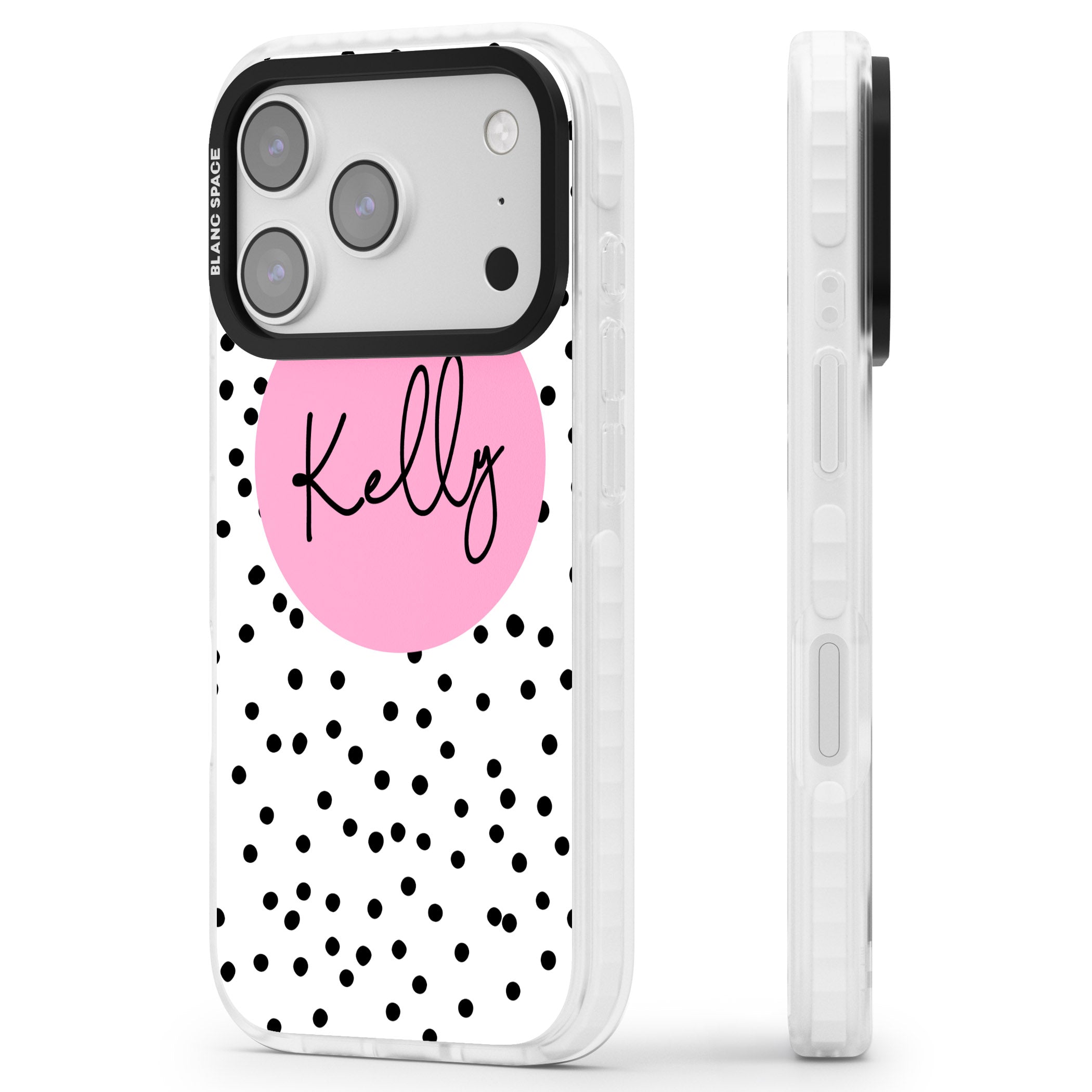 Personalised Pink Circle & Dots iPhone 17 Pro Max Impact Pro Clear Phone Case Side Profile