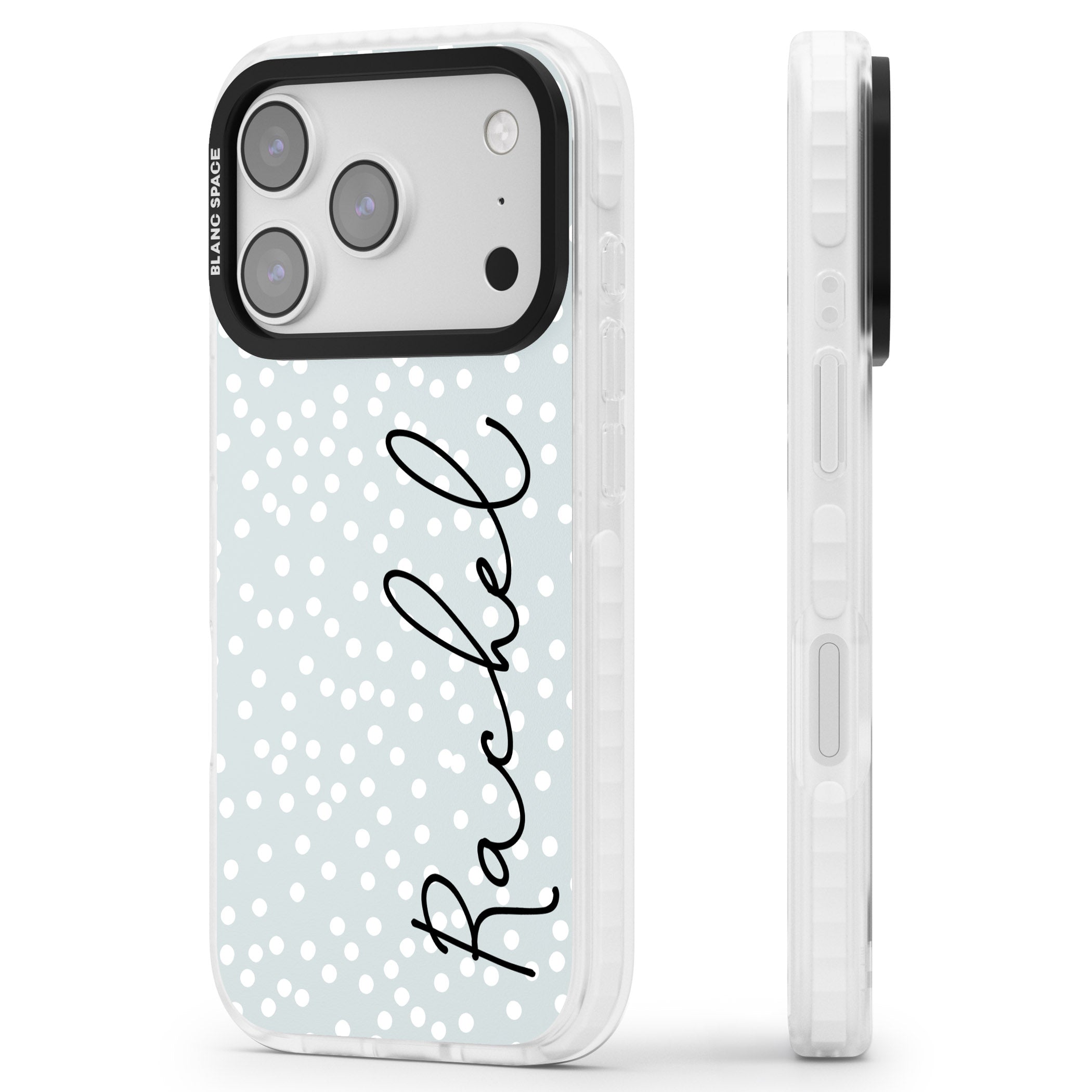 Personalised Vertical Cursive & Dots iPhone 17 Pro Max Impact Pro Clear Phone Case Side Profile