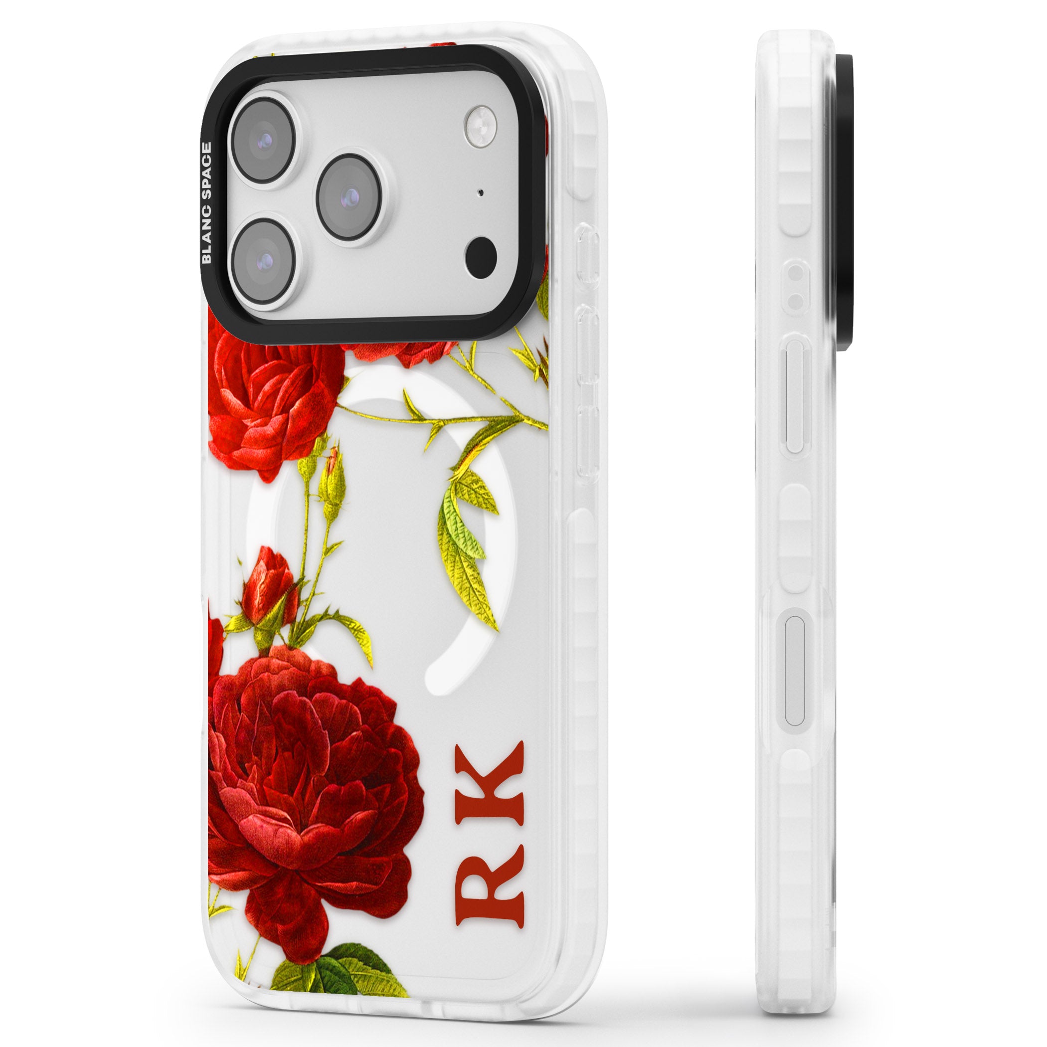 Personalised Vintage Floral Red Roses iPhone 17 Pro Max Impact Pro Clear Phone Case Side Profile