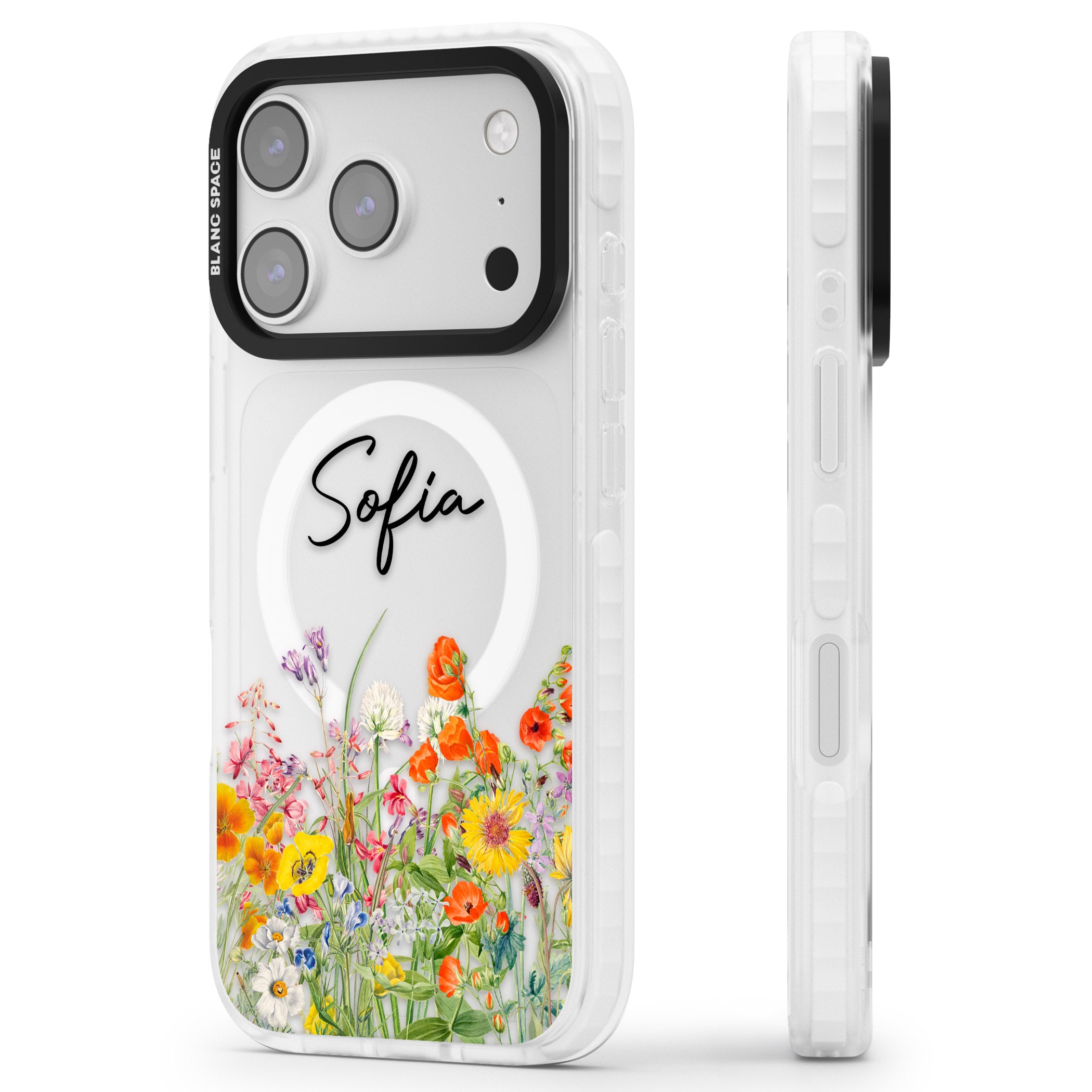 Personalised Summer Wildflowers iPhone 17 Pro Max Impact Pro Clear Phone Case Side Profile