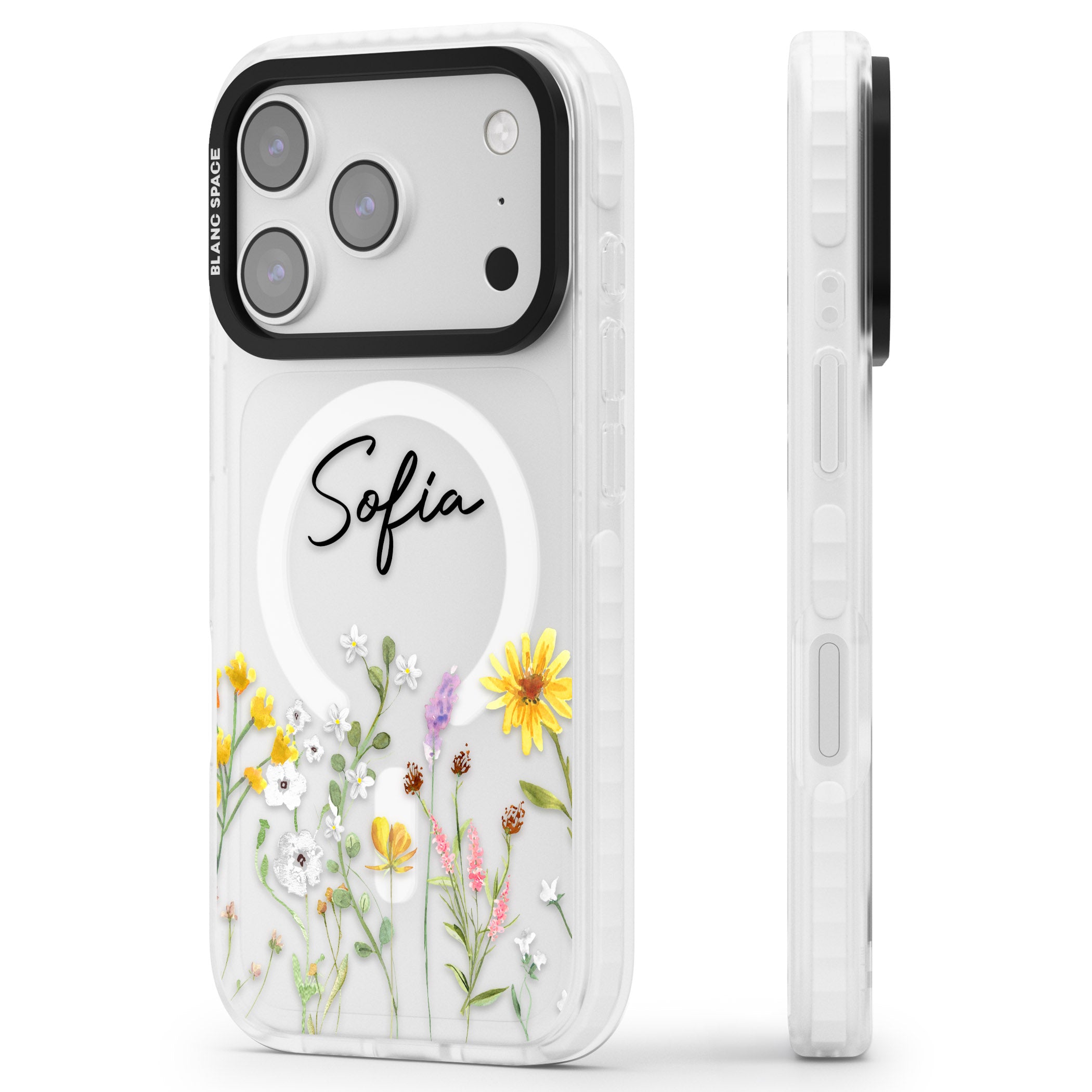 Personalised April Wildfowers iPhone 17 Pro Impact Pro Clear Phone Case Side Profile