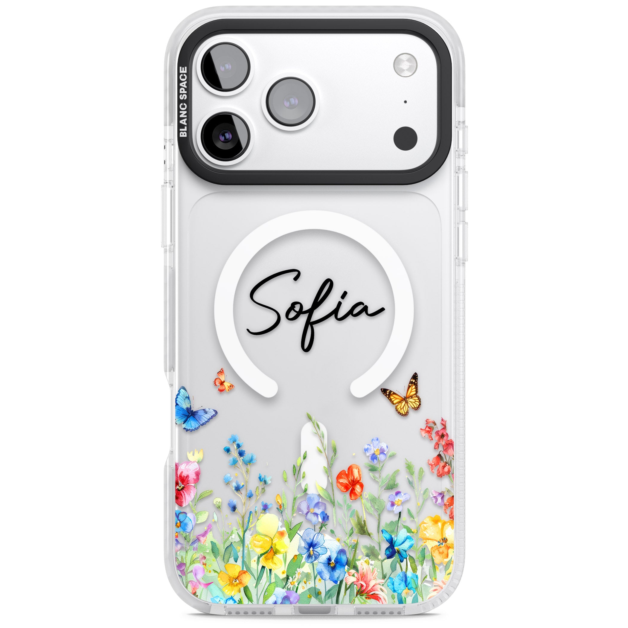 Personalised Buterflies Wildflowers iPhone 17 Pro Max Impact Pro Clear Phone Case