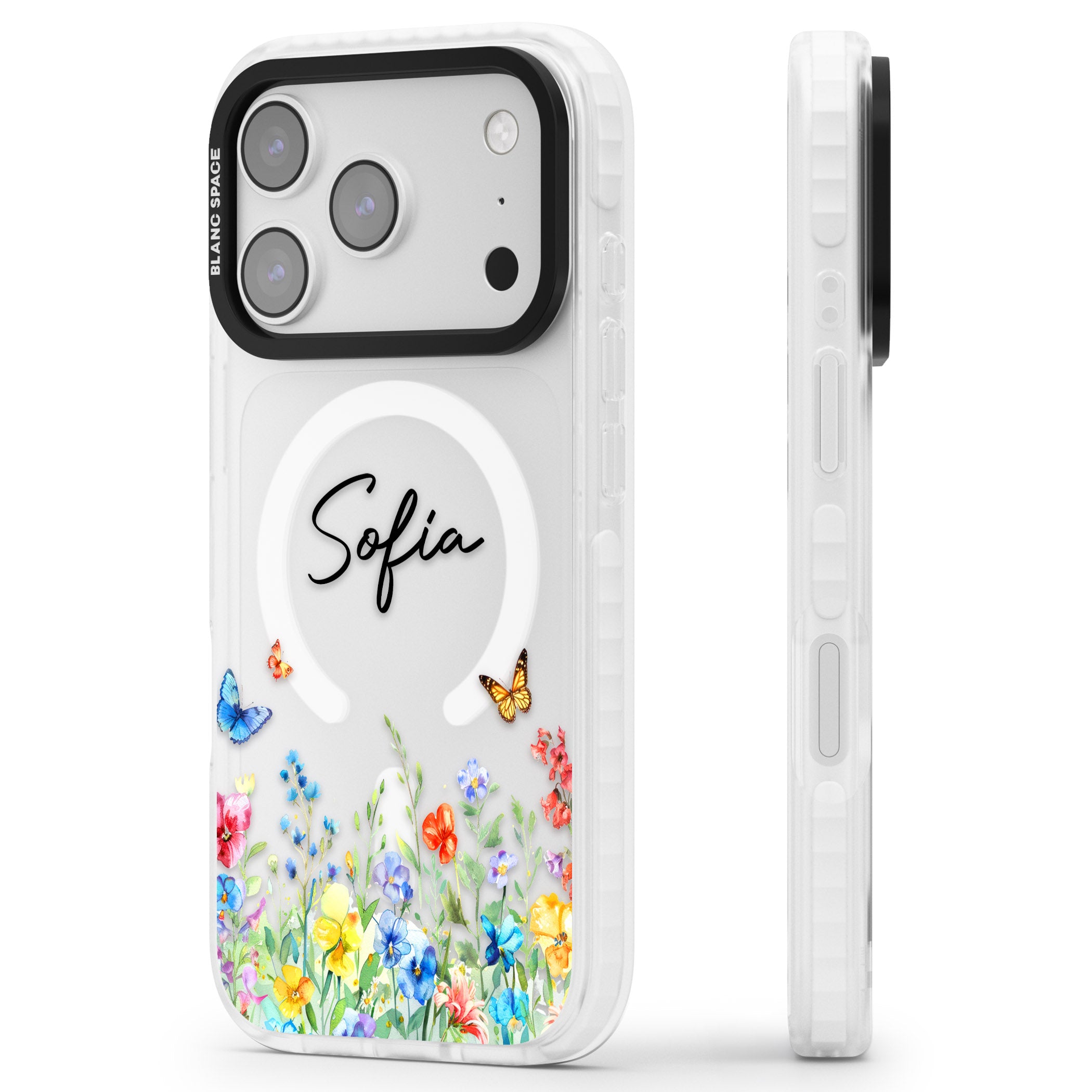Personalised Buterflies Wildflowers iPhone 17 Pro Max Impact Pro Clear Phone Case Side Profile