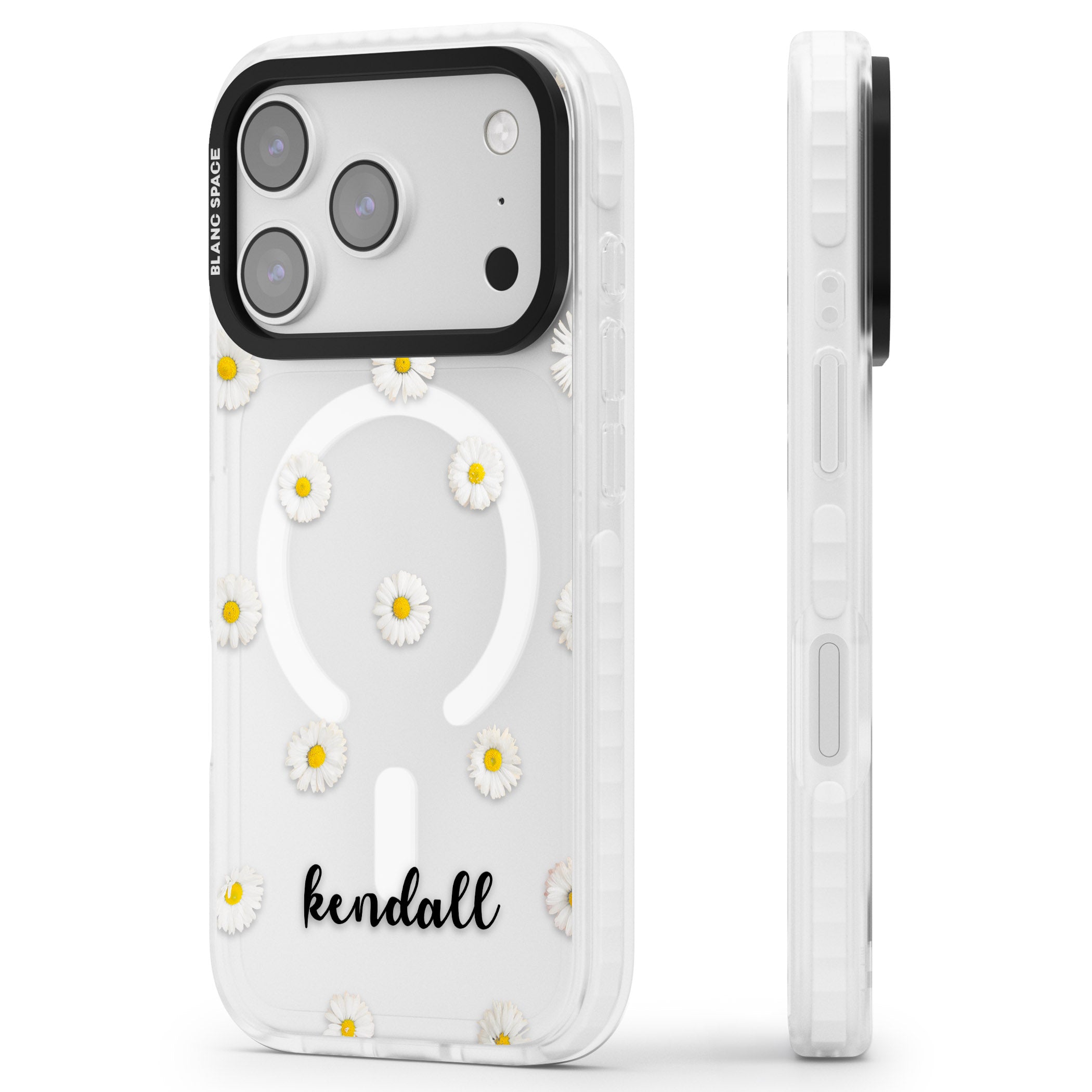 Personalised White Daisies & Cursive iPhone 17 Pro Max Impact Pro Clear Phone Case Side Profile