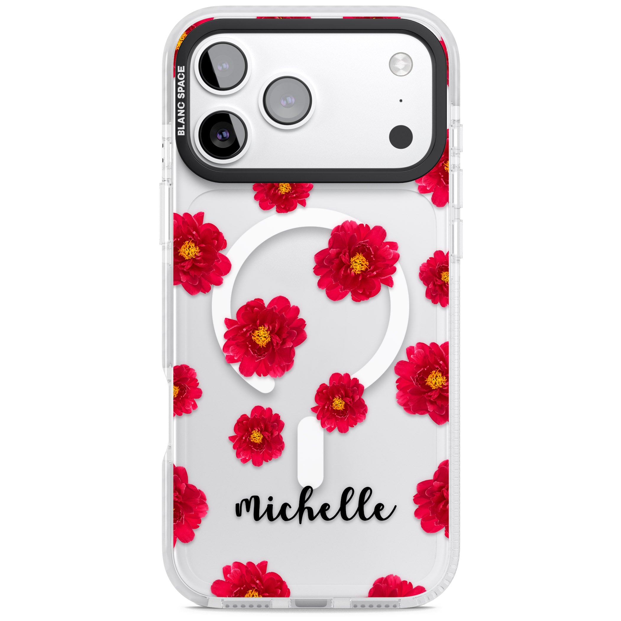 Personalised Red Peonies & Cursive iPhone 17 Pro Max Impact Pro Clear Phone Case